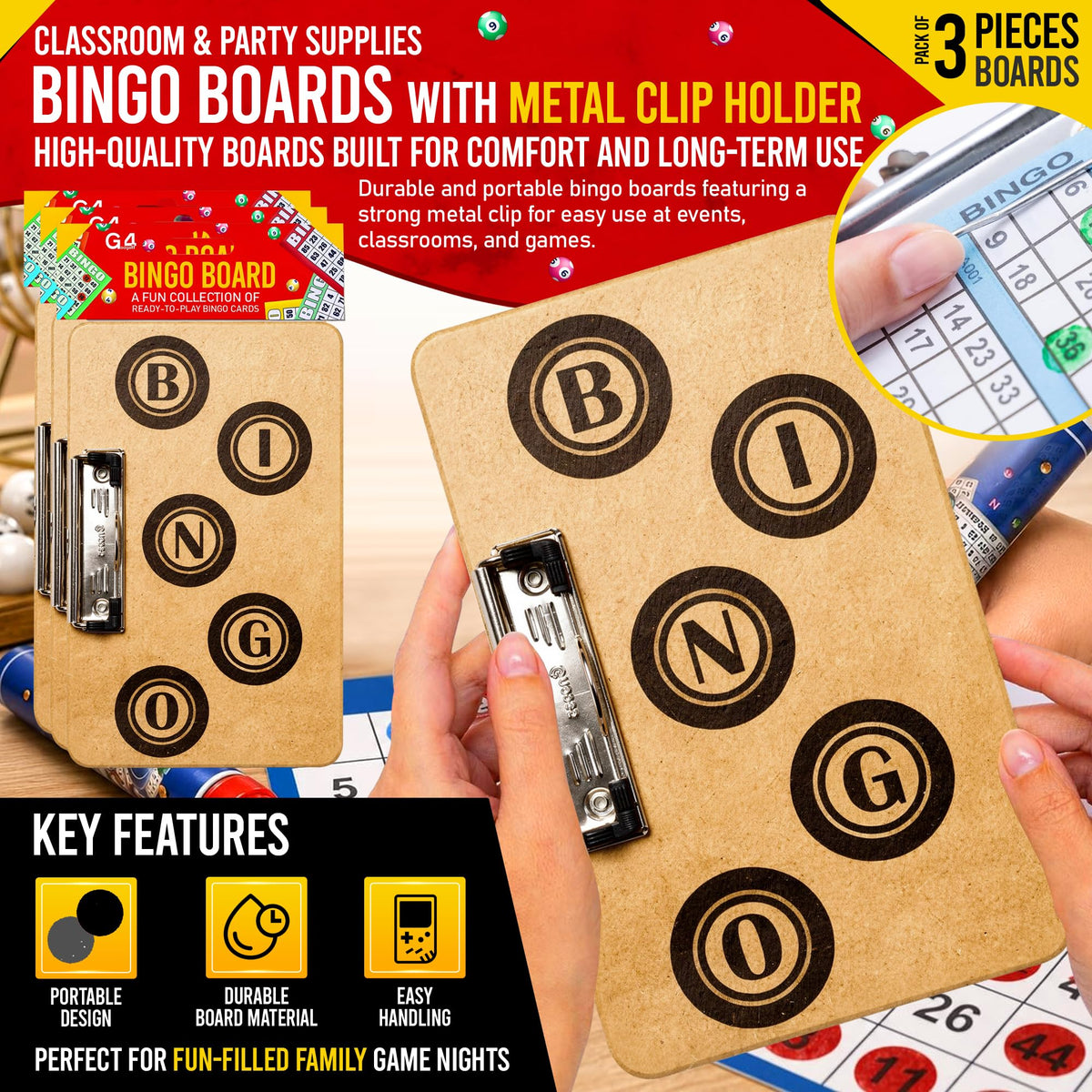 G4GADGET Bingo Board with Clip Pack of 3 - Durable Hardboard, Secure Metal Clip, Portable Design