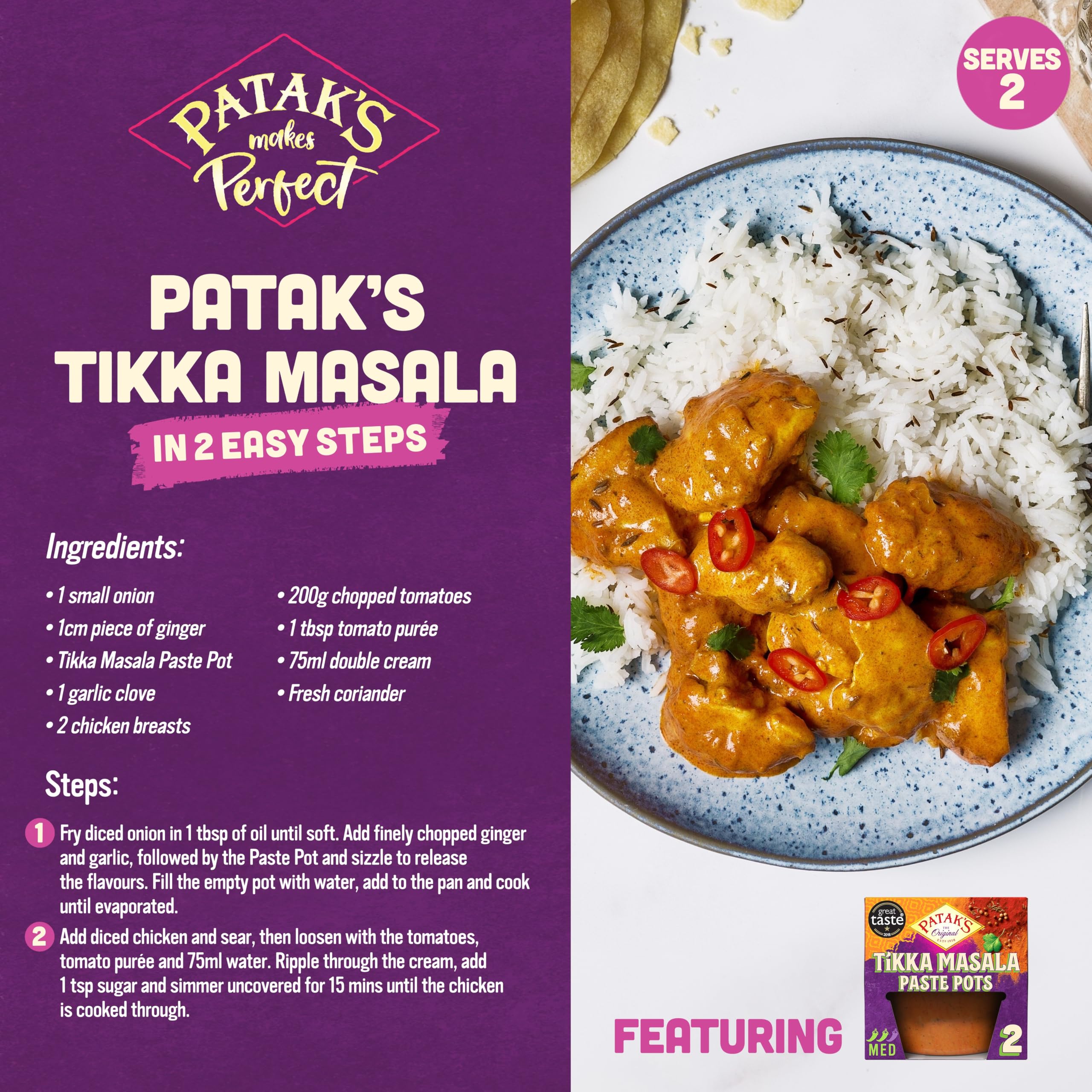 Patak's Tikka Masala Paste Pots - Medium Spice, Gluten Free, Vegan | 2 Pack (140g Total) 2