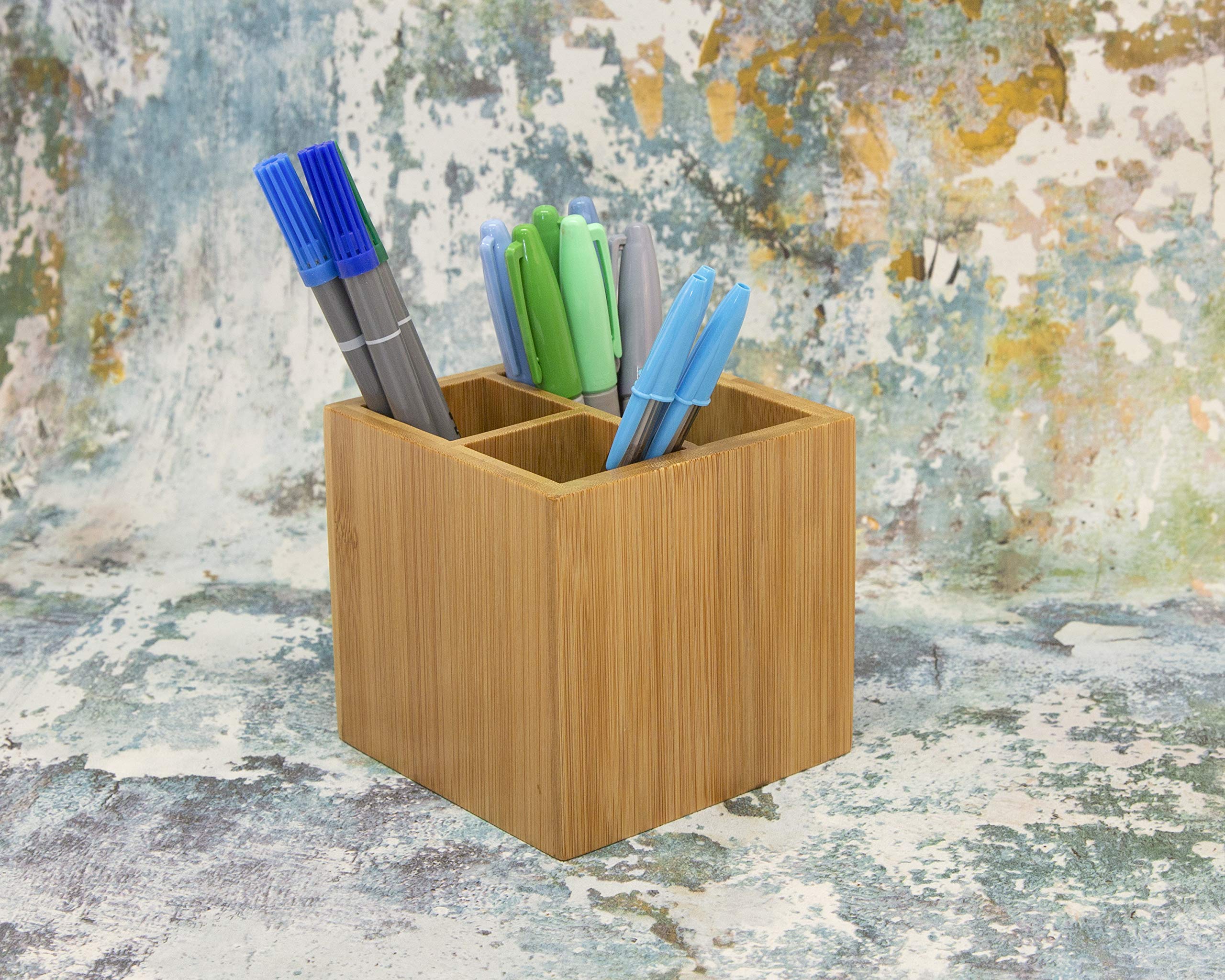 Osco Bamboo Square Pen Pot with 3 Compartments - Natural Finish | H100mm x W105mm 5