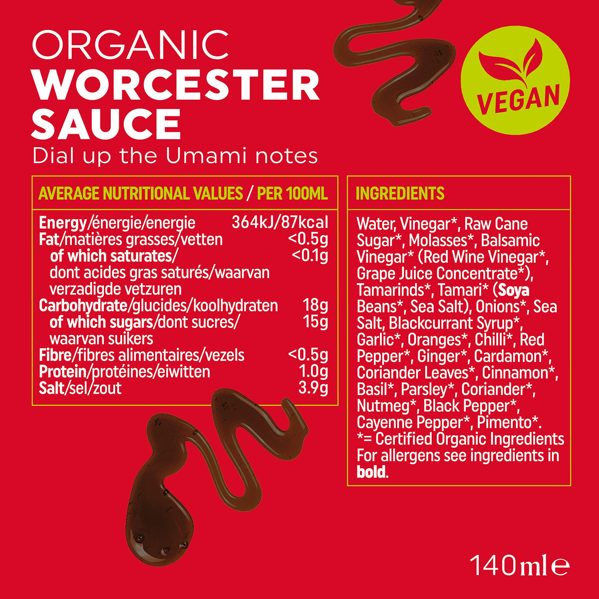 Bonsan Organic Vegan Worcester Sauce - 140 ml - Yeast Free, GMO Free