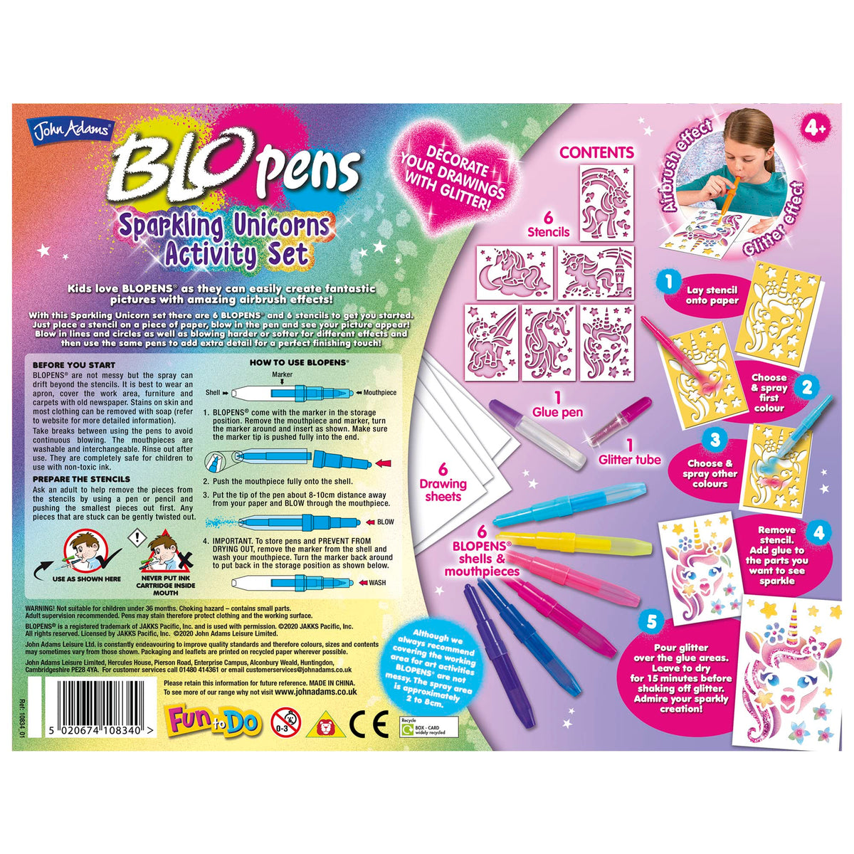 John Adams BLOPENS Sparkling Unicorn Activity Set - Airbrush & Glitter Effects | Ages 4+ 6