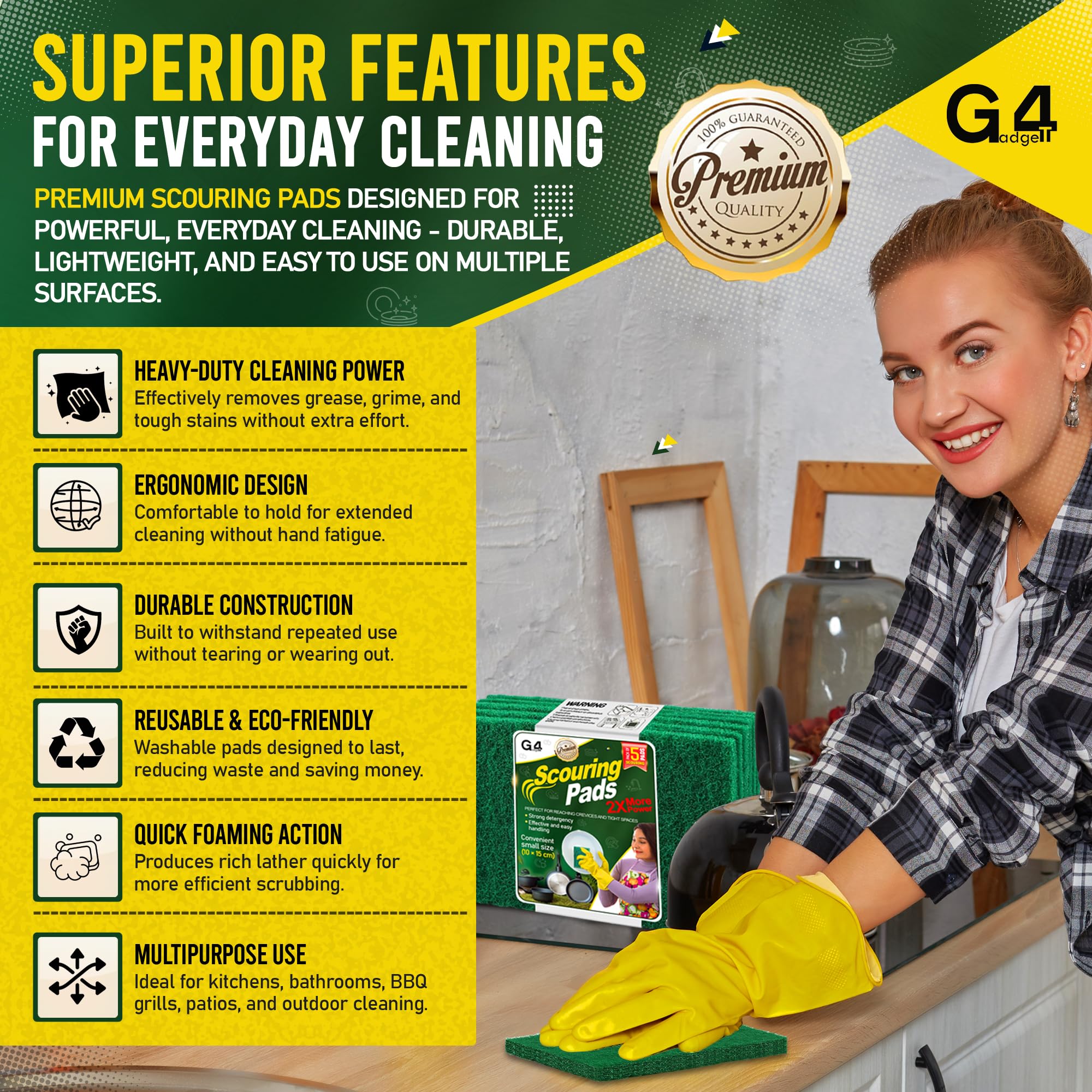 G4GADGET Heavy Duty Scouring Pads Green 5 Pack | 3.9 x 5.9 Inch | Plastic Material