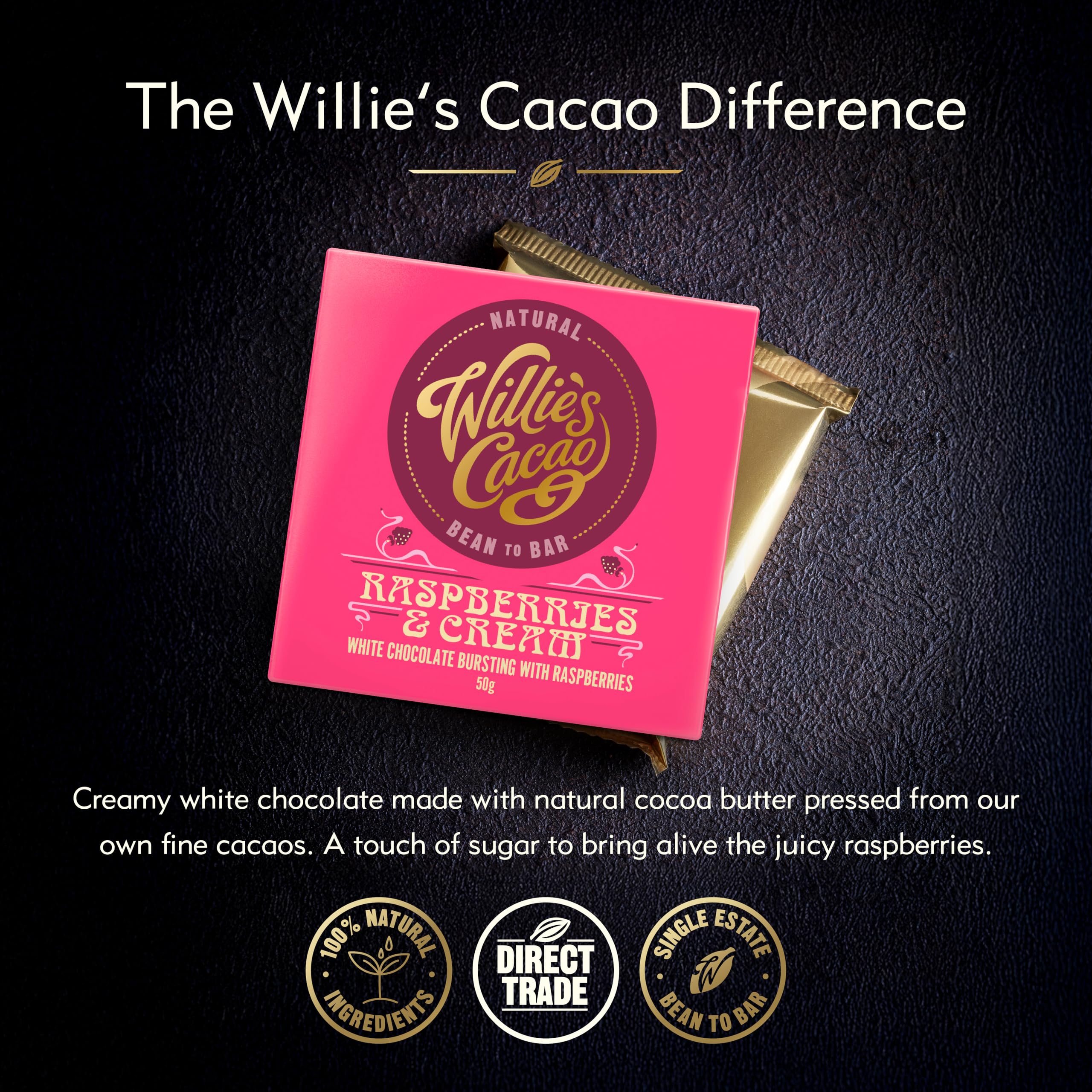 Willie's Cacao Bar - Raspberries and Cream, White Chocolate with Real Raspberries, 50g 7
