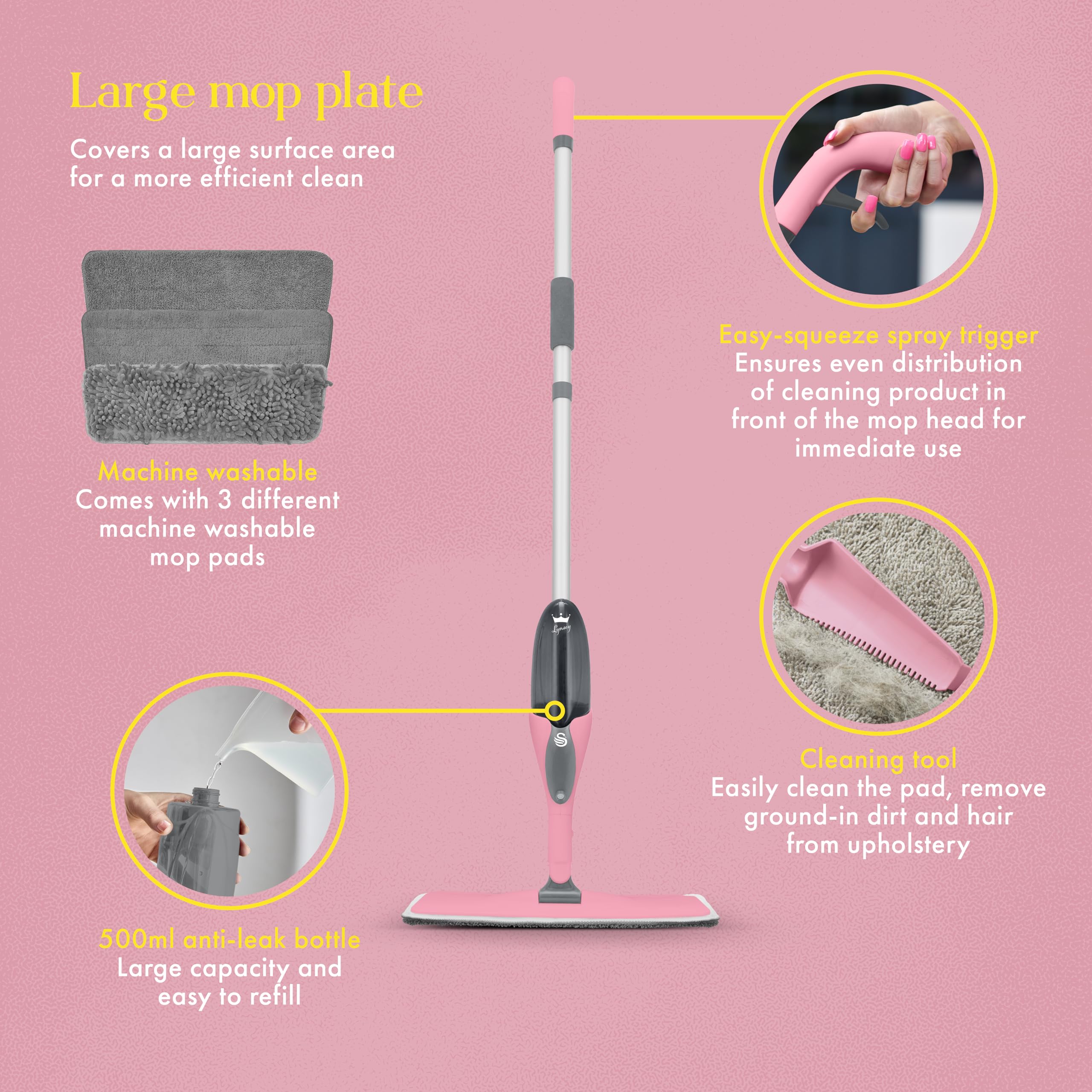 Swan Lynsey Queen of Clean Spray Mop - 2-in-1 Wet Mopping & Dry Dusting | Pink 4
