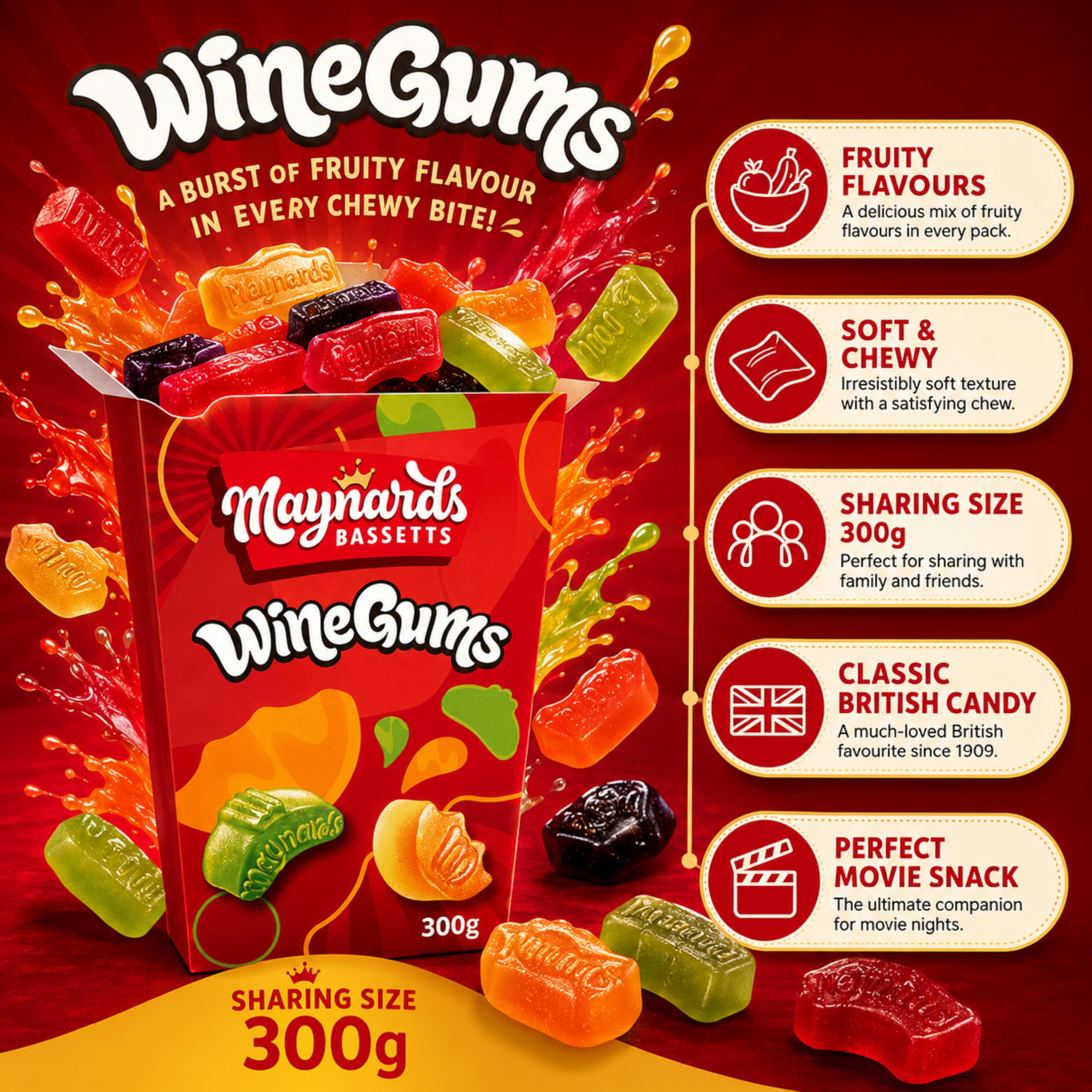 Maynards Bassetts Wine Gums - Fruity Flavours, Soft & Chewy Texture | 350g 4
