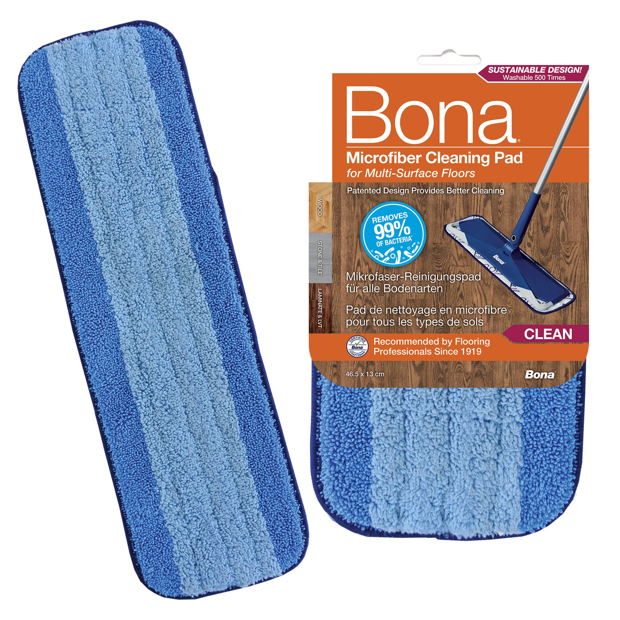 Bona CA101020 Microfibre Cleaning Mop Pad - Safe for All Hard Floors | Removes 99% Bacteria | Reusable 1