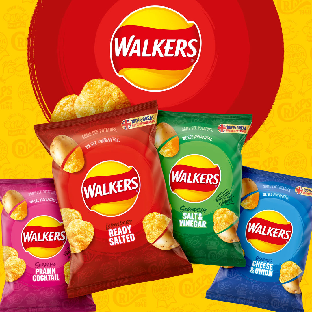 Walkers Classic Variety Multipack Crisps Box 20x25g - Ready Salted, Cheese & Onion, Salt & Vinegar, Prawn Cocktail