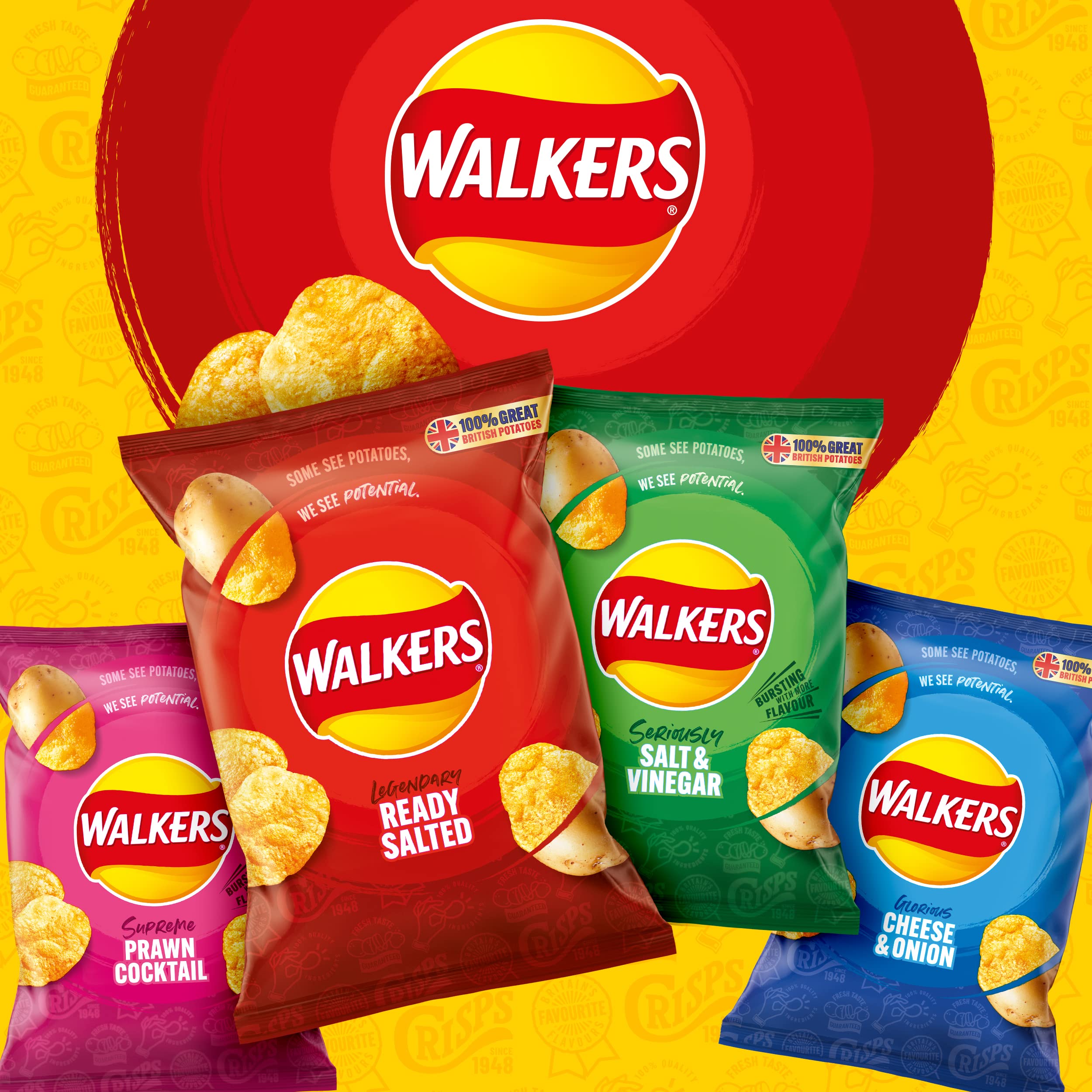 Walkers Classic Variety Multipack Crisps Box 20x25g - Ready Salted, Cheese & Onion, Salt & Vinegar, Prawn Cocktail 4