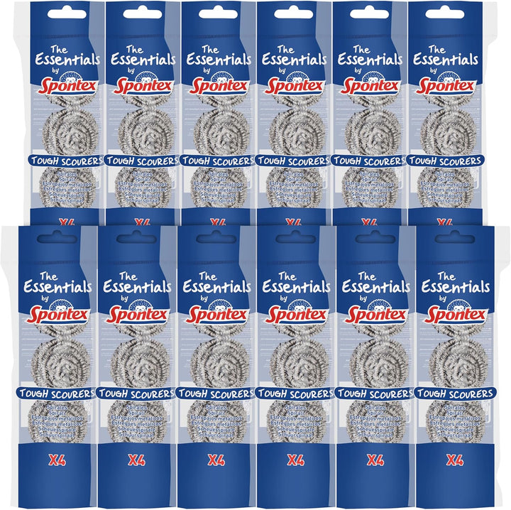 Spontex Essentials Tough Metal Scourers - 12 Packs of 4 (48 Total Scourers)