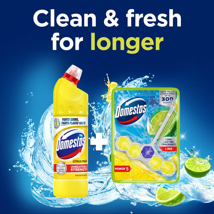 Domestos Power 5 Lime Toilet Rim Block - Long-Lasting Toilet Freshener for Up to 300 Flushes