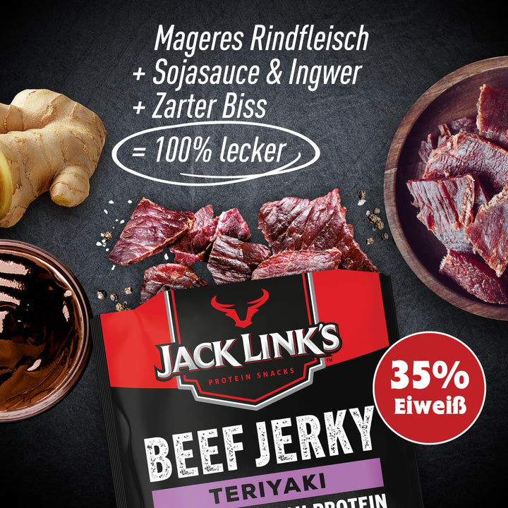 Jack Link's Beef Jerky Teriyaki, Box of 12 x 40 g, High Protein Dried Meat Snack