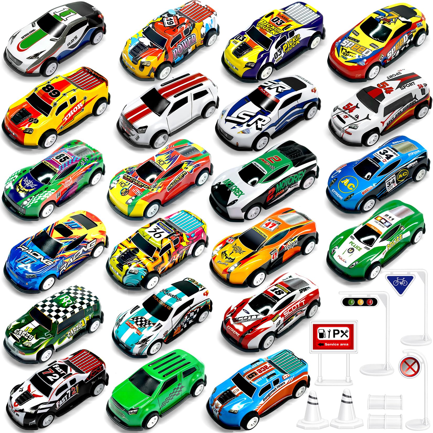 TOYABI 22Pcs Metal Shell Pull-Back Toy Car Set with 8 Roadblocks - Vehicles Playset for Kids 1