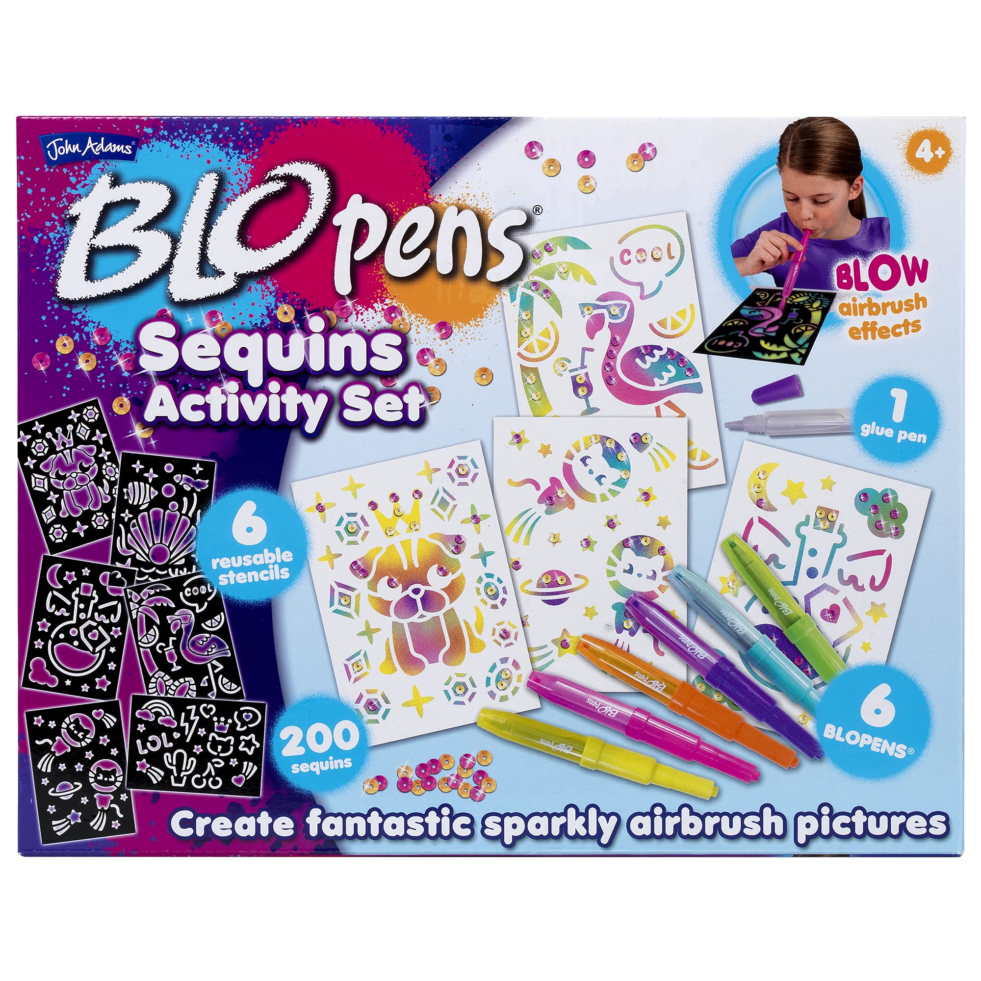John Adams BLOPENS Sequins Activity Set - Airbrush Art Kit | Includes Sequins & Stencils | Ages 4+ 5
