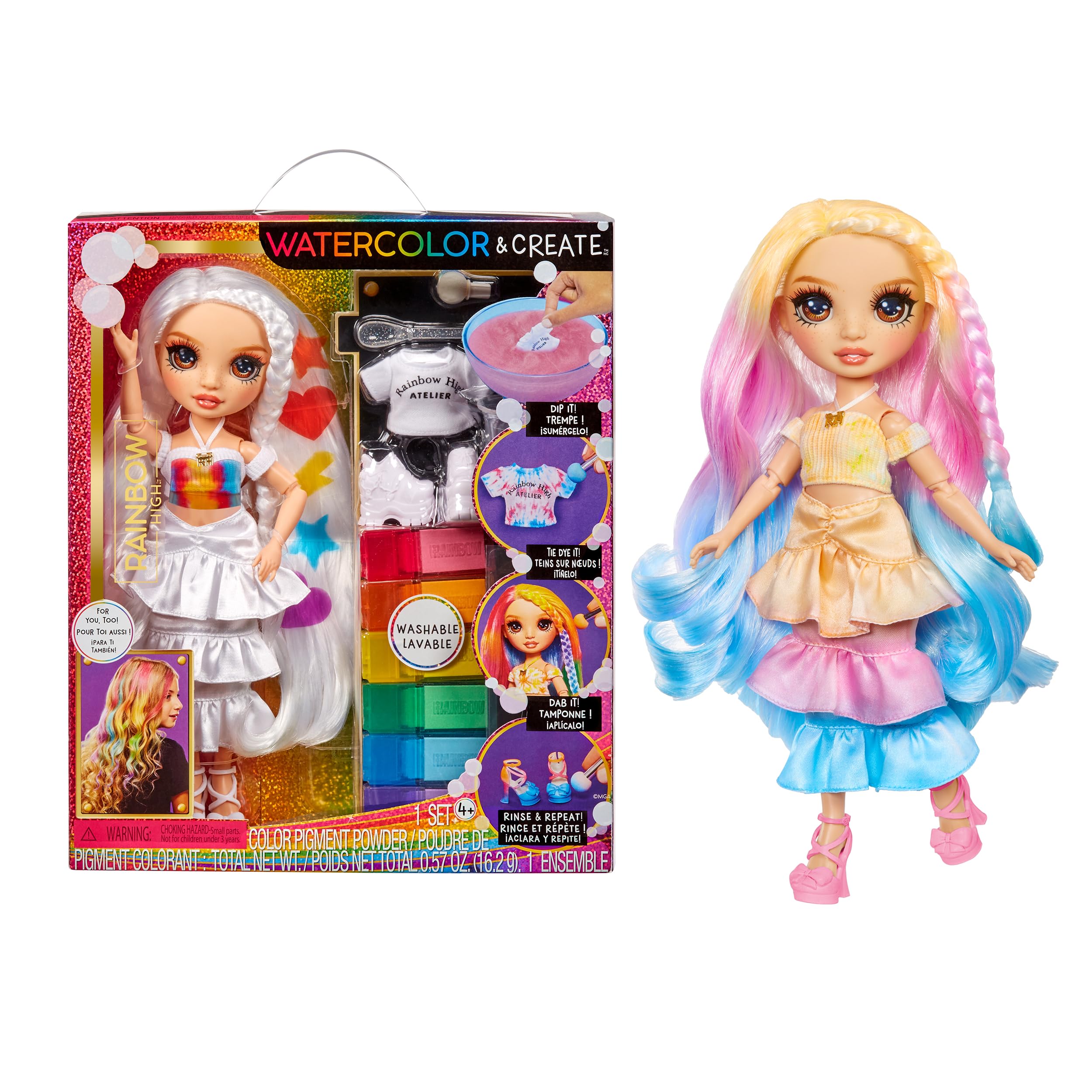Rainbow High Watercolour & Create DIY Fashion Doll - Tie-Dye Kit with Washable Colours, Extra Outfits - Ages 4-8