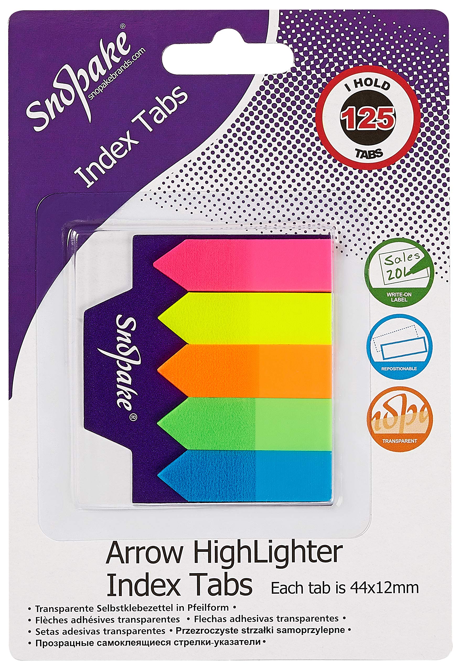 Snopake Transparent Arrow Index Tab Highlighters - 125 Tabs, 44 x 12mm | Assorted Colors