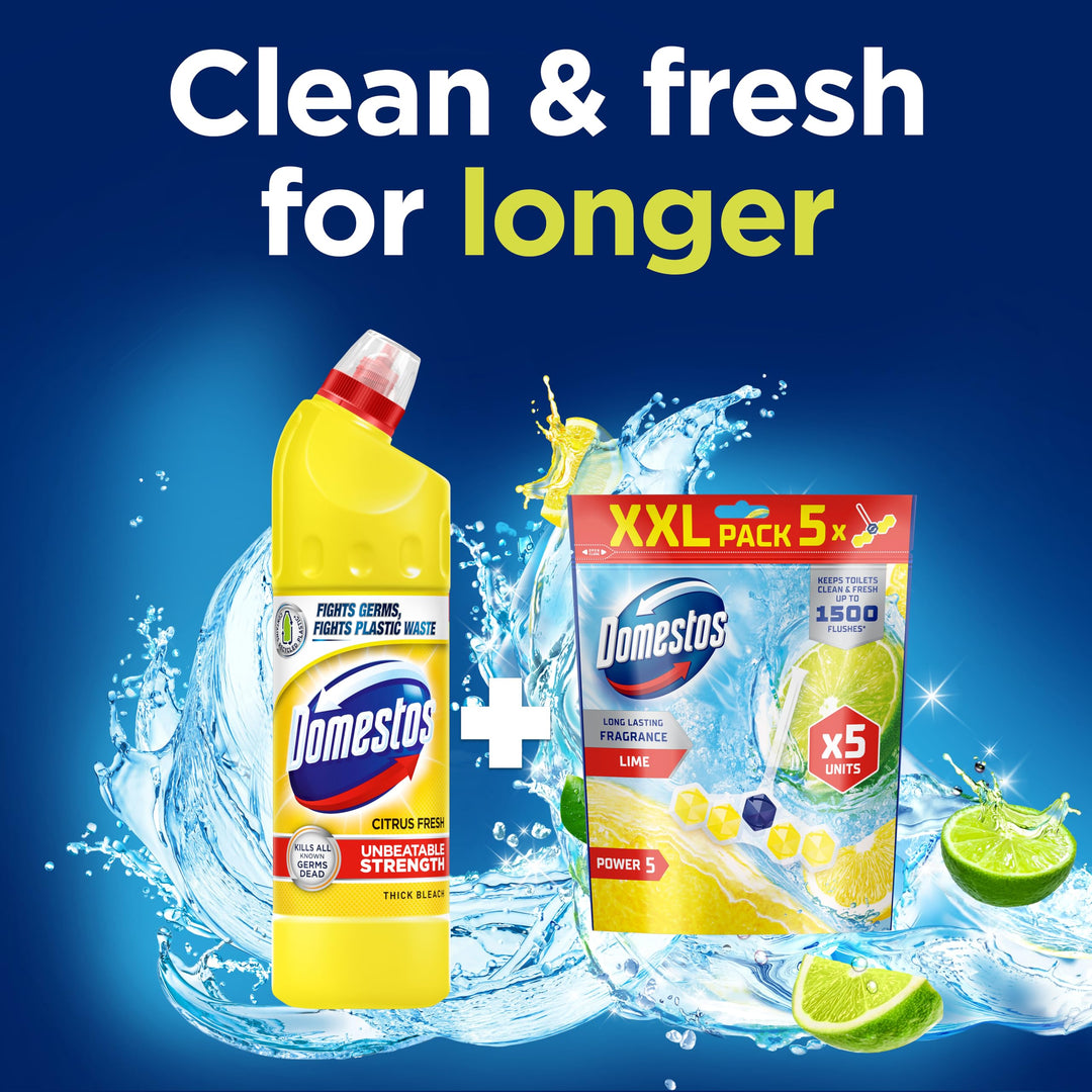 Domestos Power 5 Lime Toilet Rim Blocks - Long-Lasting Toilet Freshener for Up to 300 Flushes
