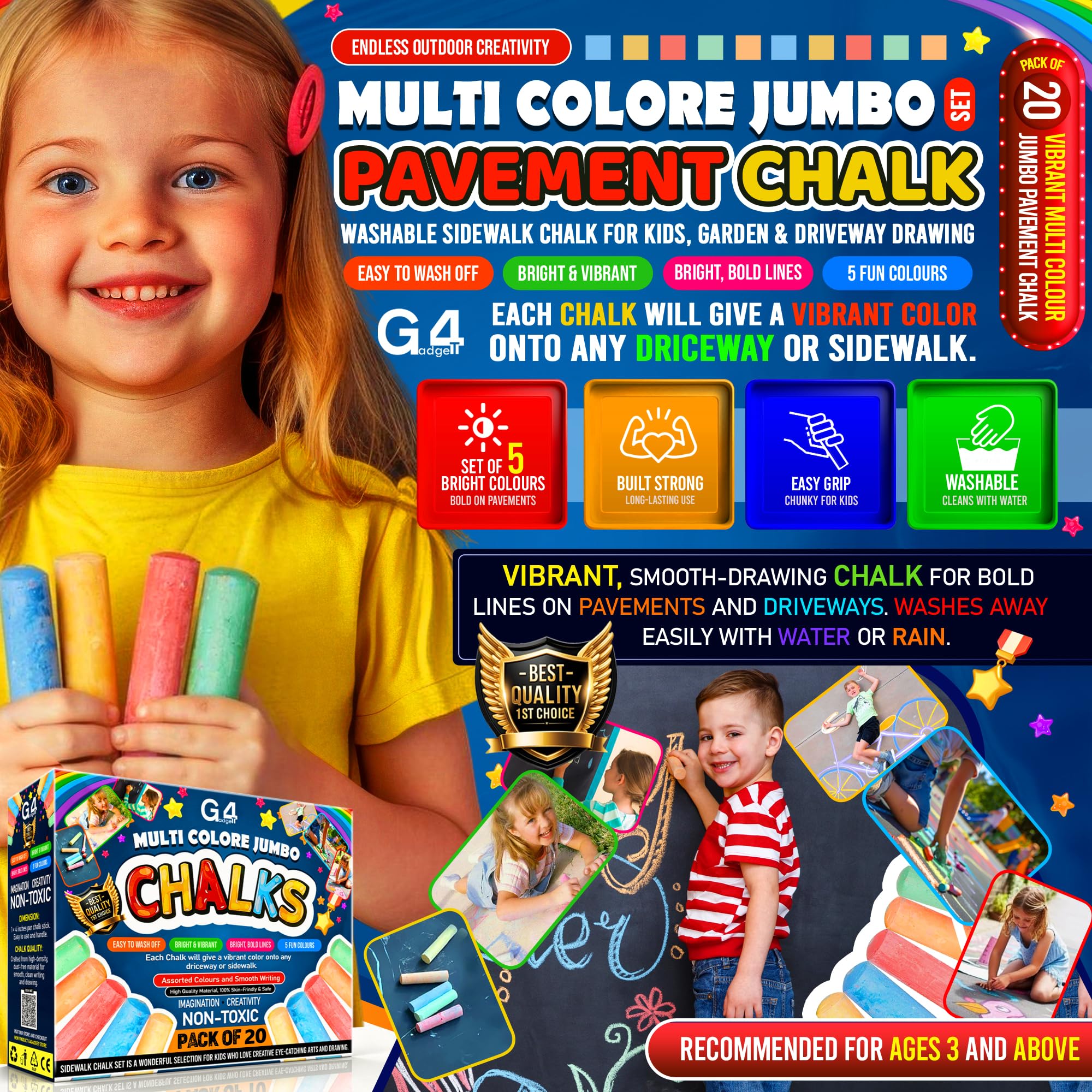 G4GADGET 20 Jumbo Chalks for Kids – Giant Chunky Outdoor Pavement Chalk | Age 3+ 2