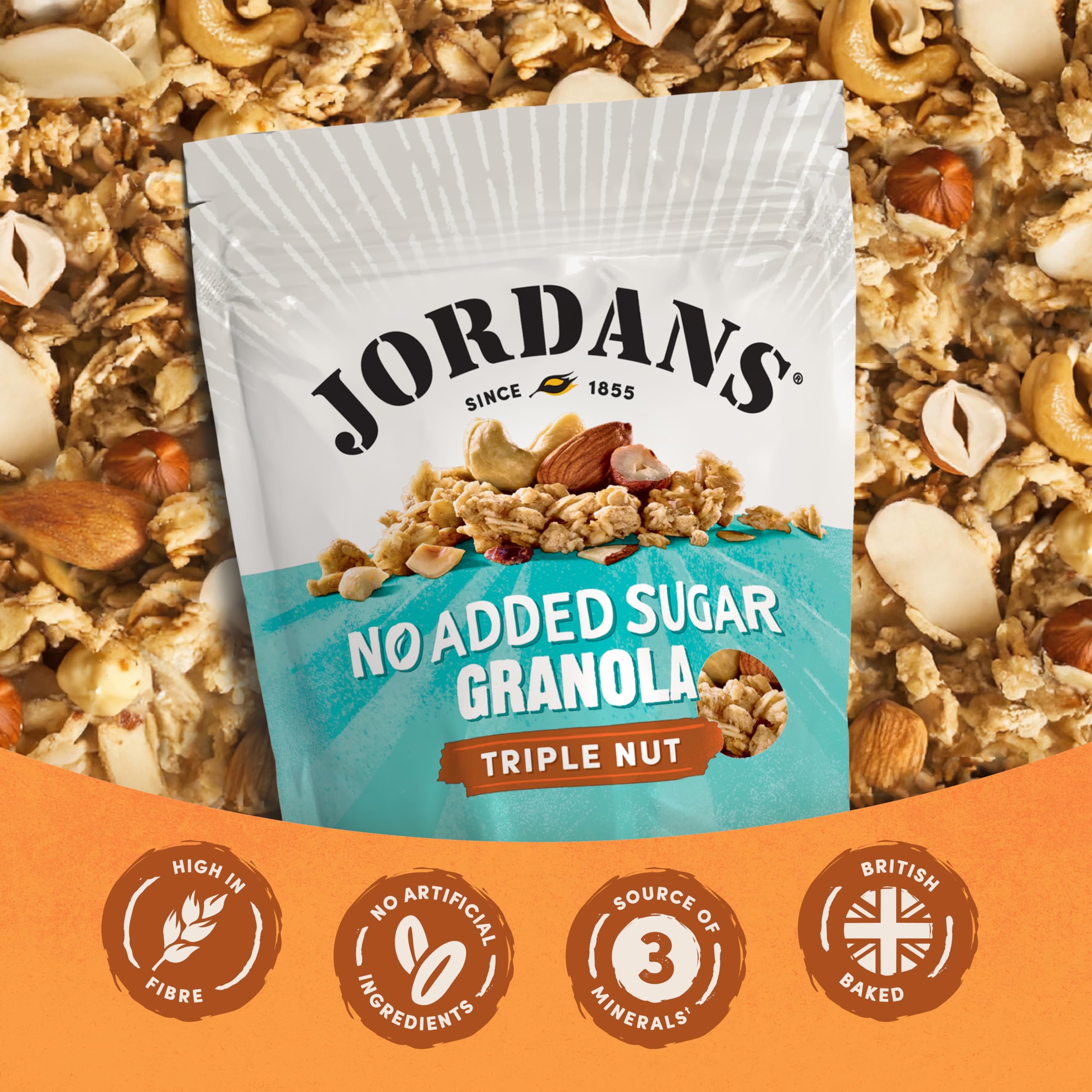 JORDANS No Added Sugar Granola - Triple Nut, High Fibre, 4 x 425g Pack 4