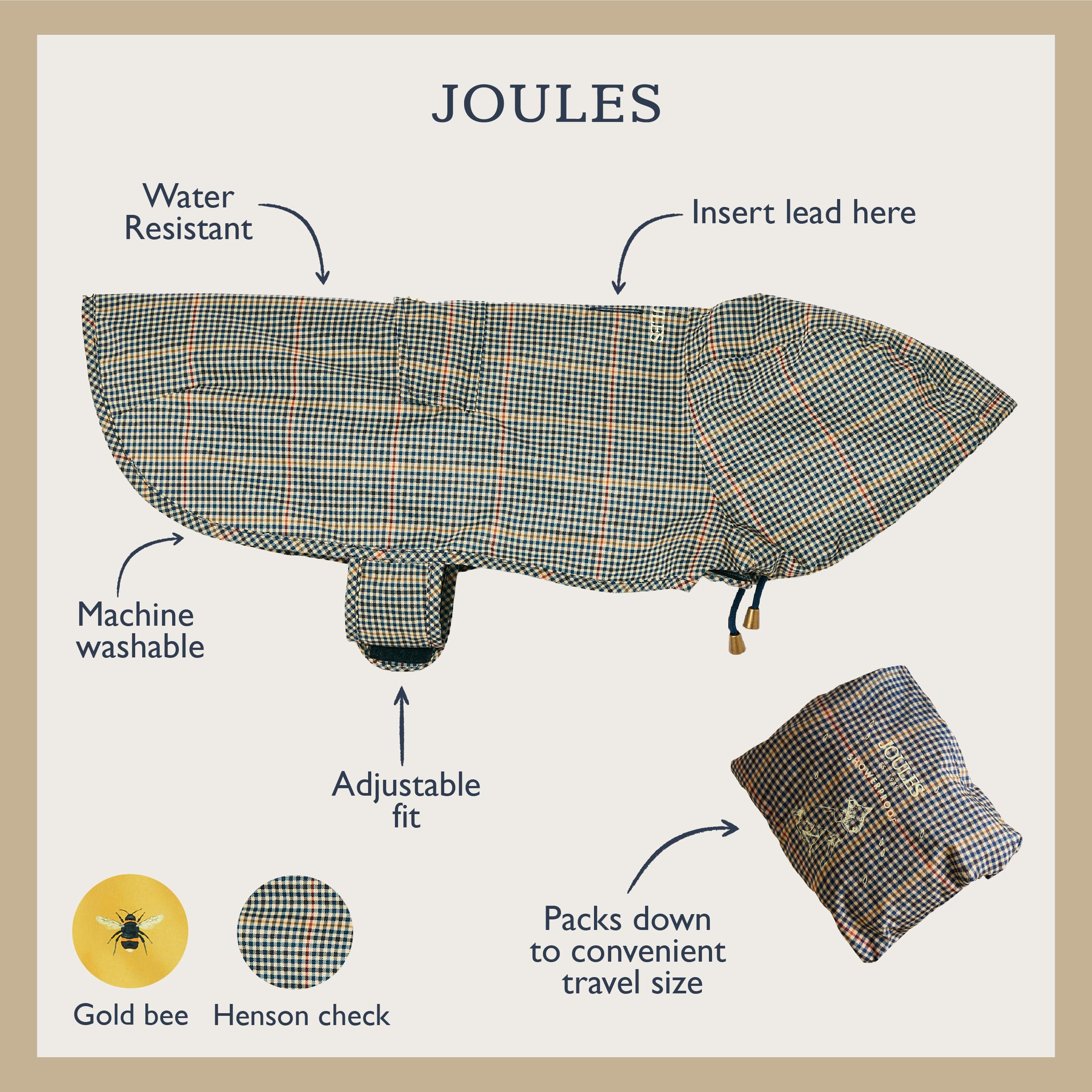 Rosewood x Joules Henson Check Packaway Dog Jacket - Small | Water-Resistant | Lightweight 3