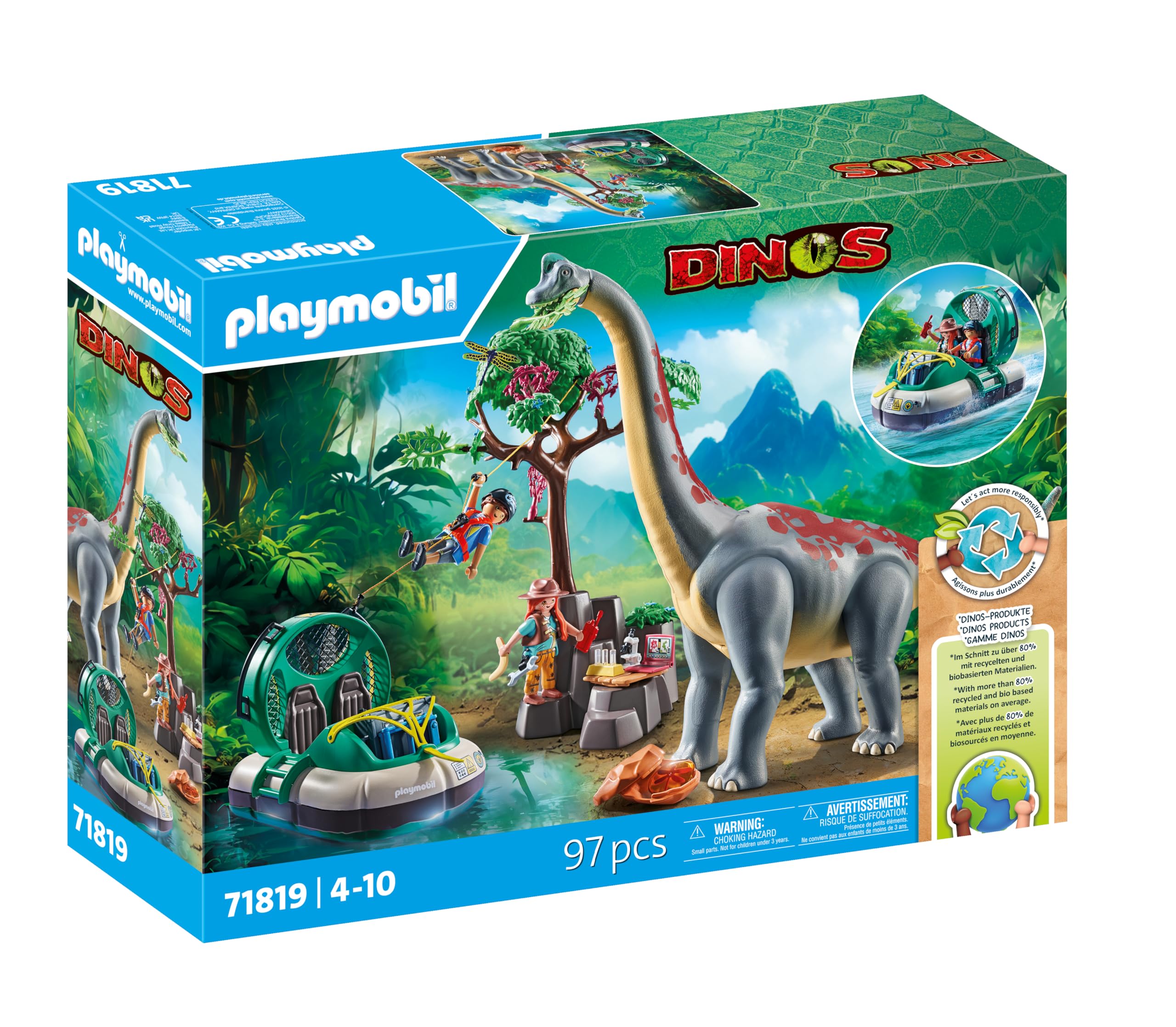 Playmobil Dinos Brachiosaurus Encounter with Hovercraft - Action Playset for Kids 4-10 1