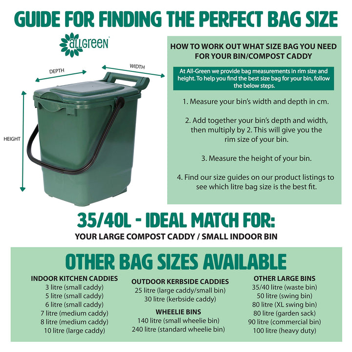 All-Green 35/40L Compostable Food Waste Bin Liners - Pack of 25 with Composting Guide