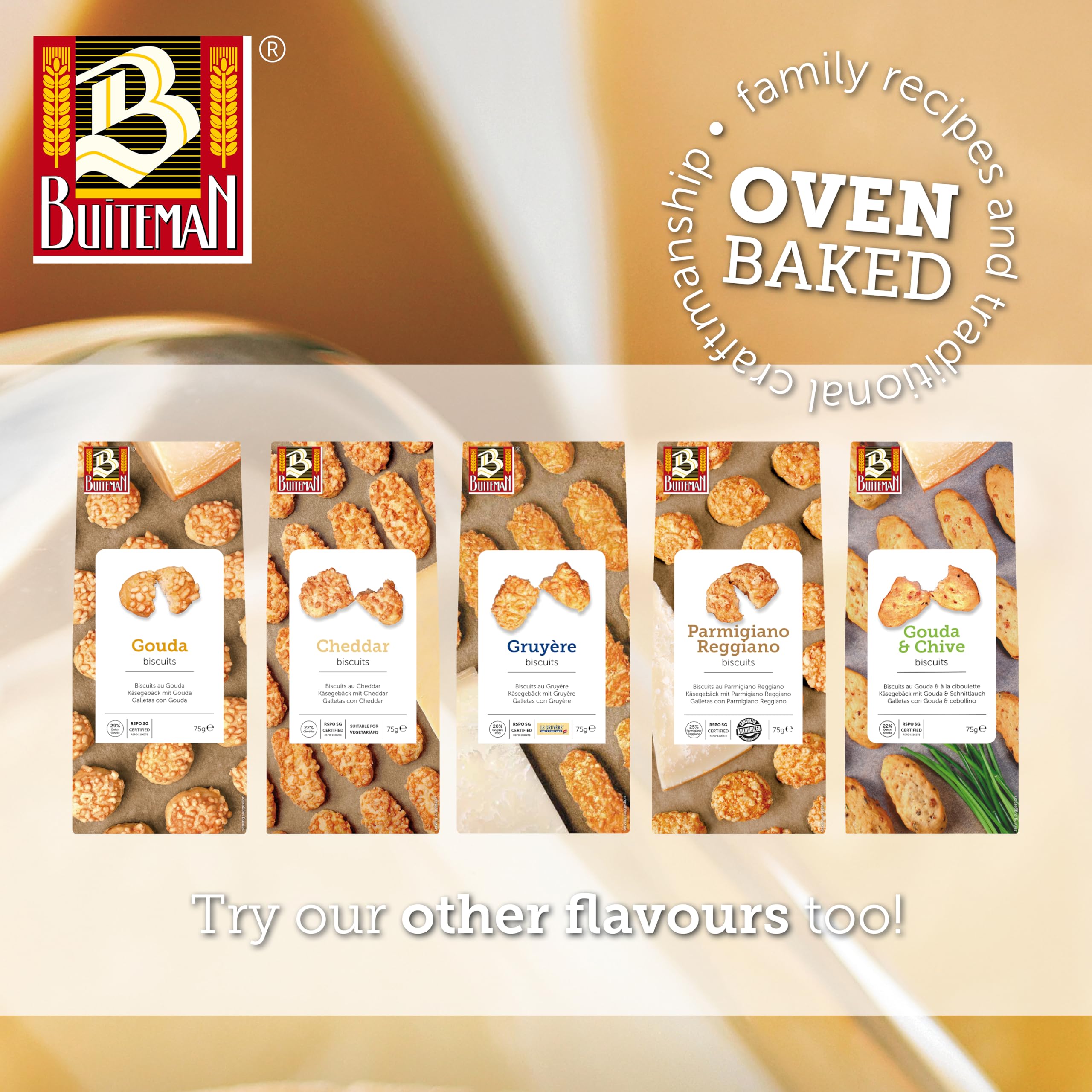 Buiteman Parmigiano Reggiano Biscuits - Oven Baked | 75g Pack 8