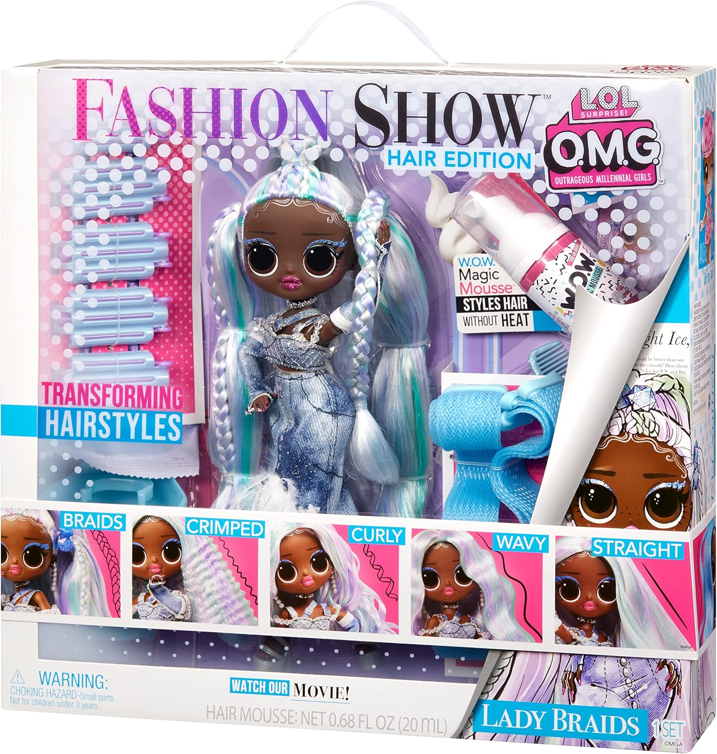 LOL Surprise OMG Fashion Show Hair Edition - Lady Braids 10" Doll with Transforming Hair & Accessories 10