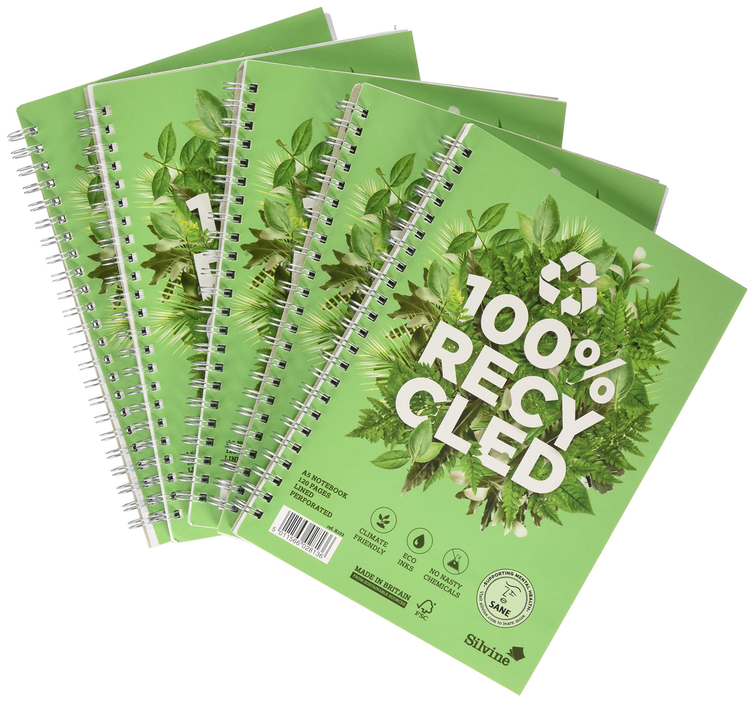 Silvine A5 Premium Recycled Wirebound Notebook - 120 Lined Pages, 80gsm, Green | 5 Pack 1