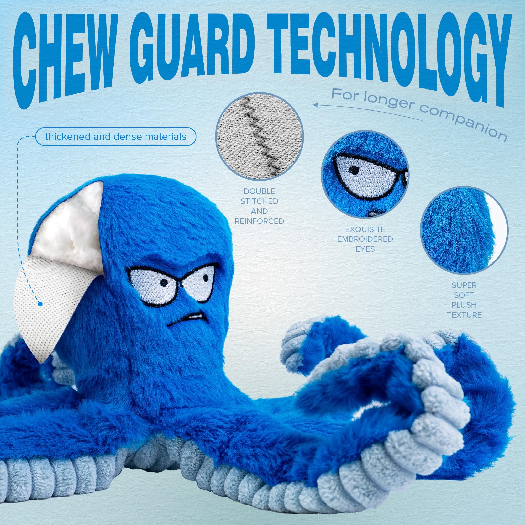 LEGEND SANDY Tough Squeak Dog Toy - Heavy Duty, Waterproof Lining, Blue Octopus 3