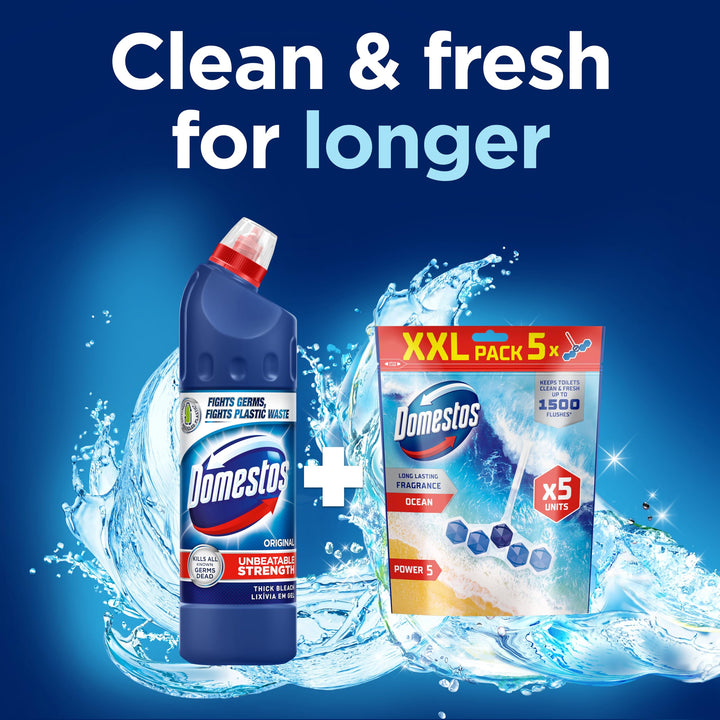 Domestos Power 5 Ocean Toilet Rim Blocks - Long-Lasting Toilet Freshener for Up to 300 Flushes