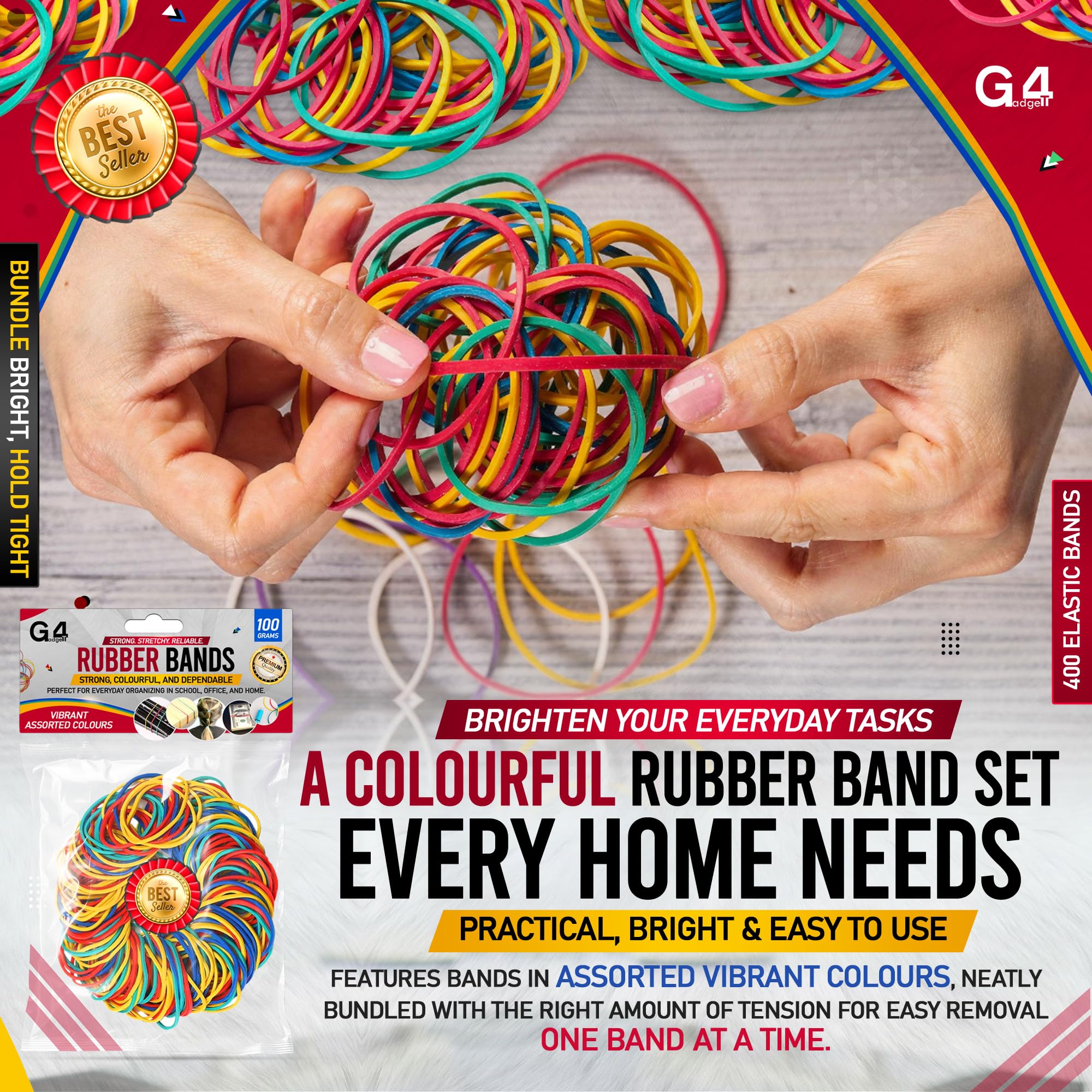 G4GADGET Elastic Bands - 400 Pack Assorted Sizes Rubber Bands | Strong & Multicolour 3