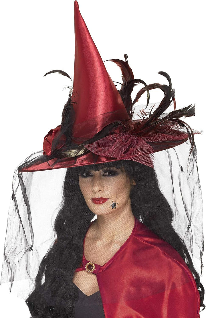 Smiffys Witch Deluxe Hat with Net & Feathers, Deep Red (36720)