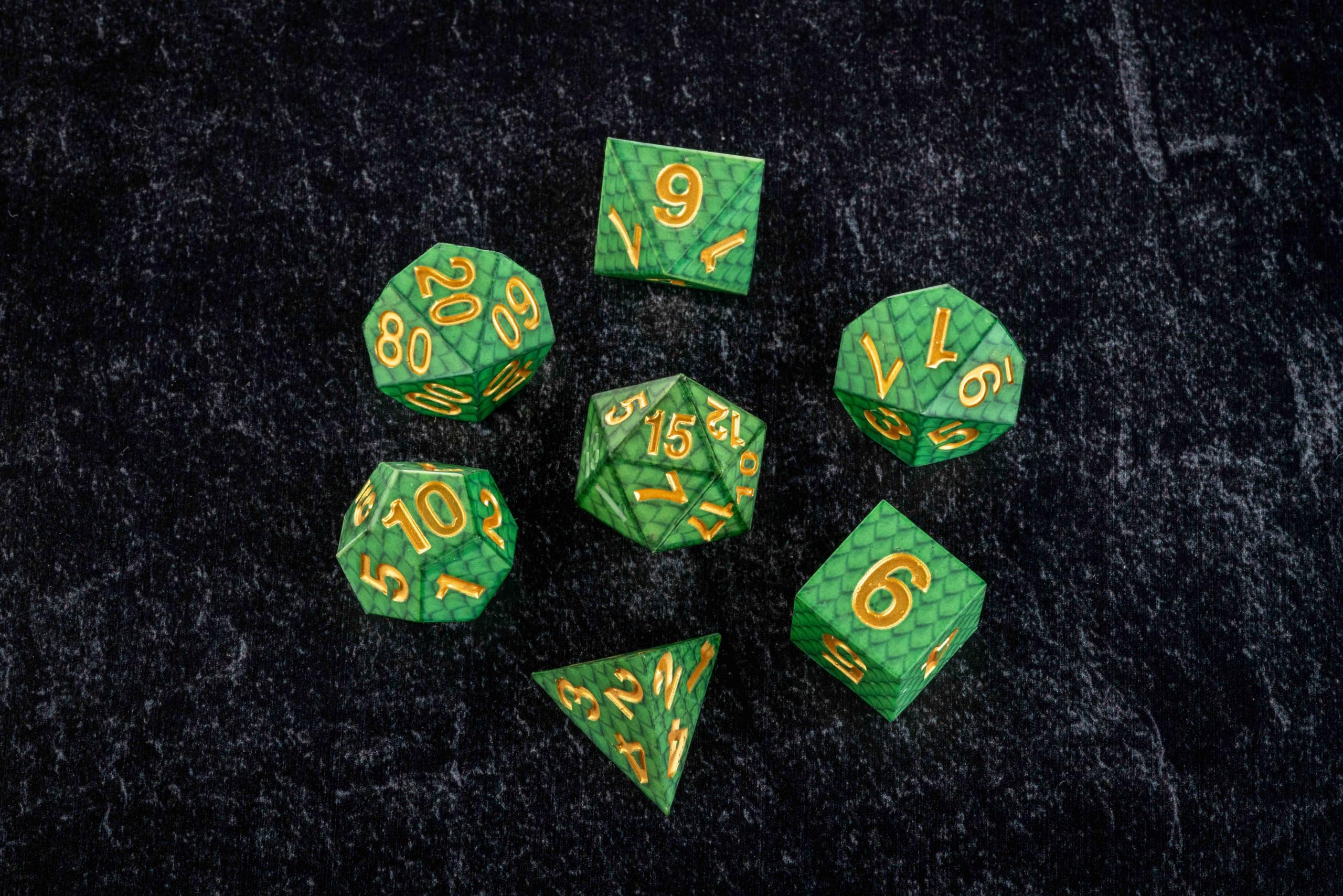 Metallic Dice Games Dragon Storm Silicone Dice Set - 7-Piece Polyhedral, 16mm, Green Dragon Scale Effect 5