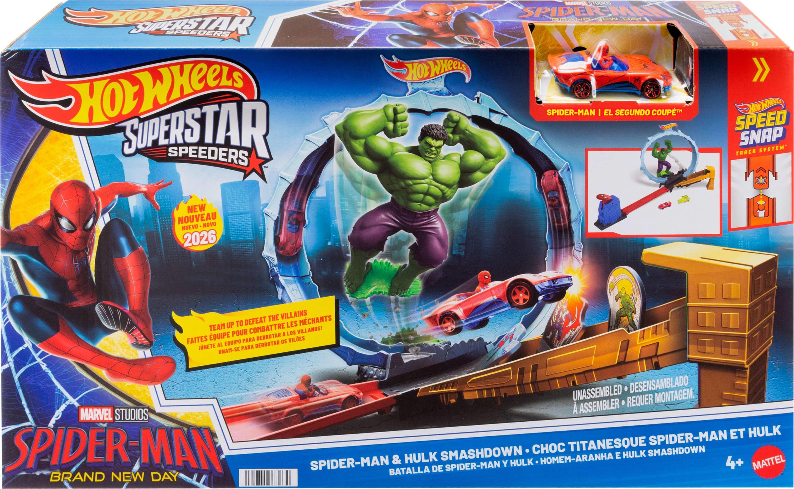 Hot Wheels Spider-Man & Hulk Smash Down Track Set with 1 Die-Cast Car | Ages 4+ 6