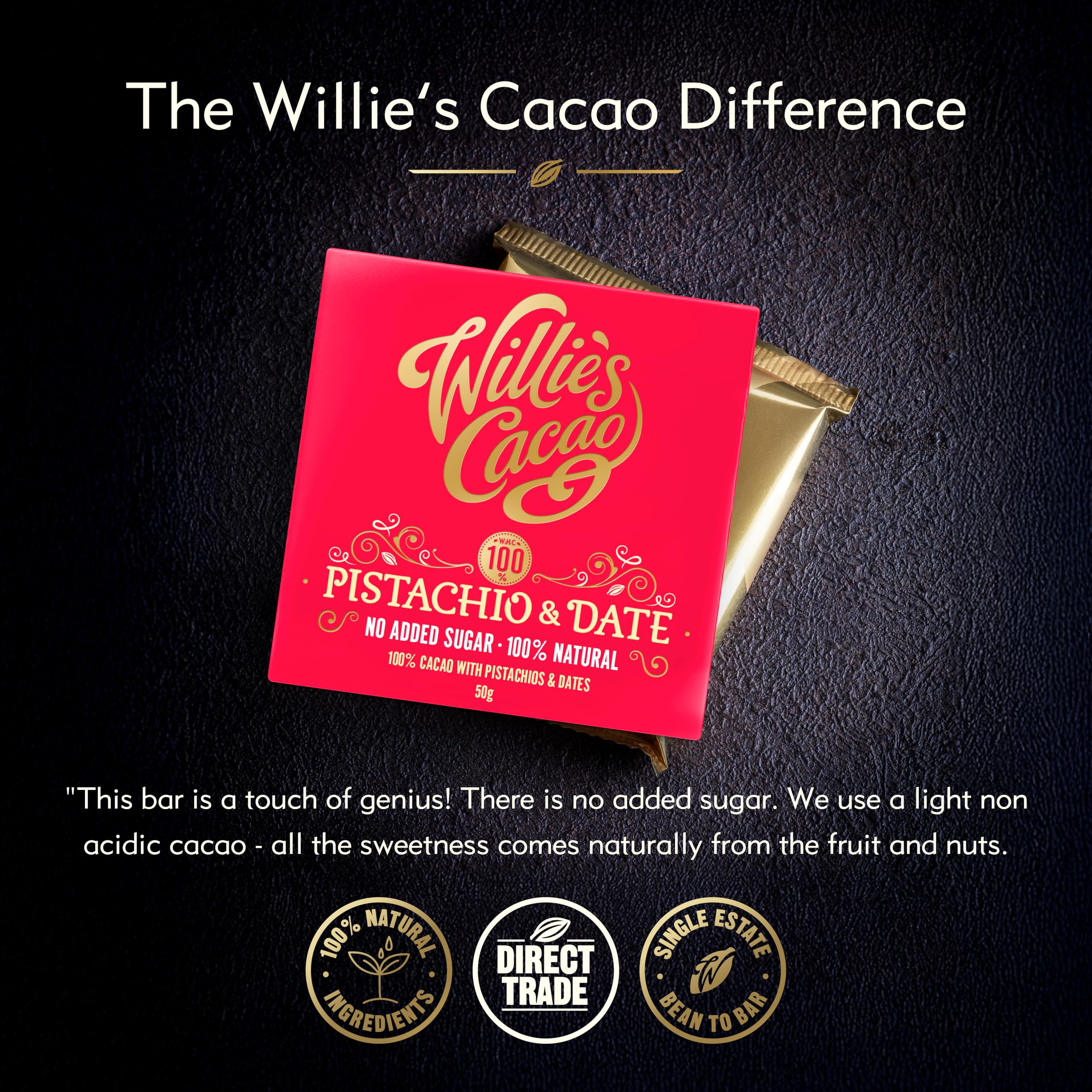 Willie's Cacao - 100% Cocoa with Pistachio & Date - No Added Sugar Chocolate Bar 2