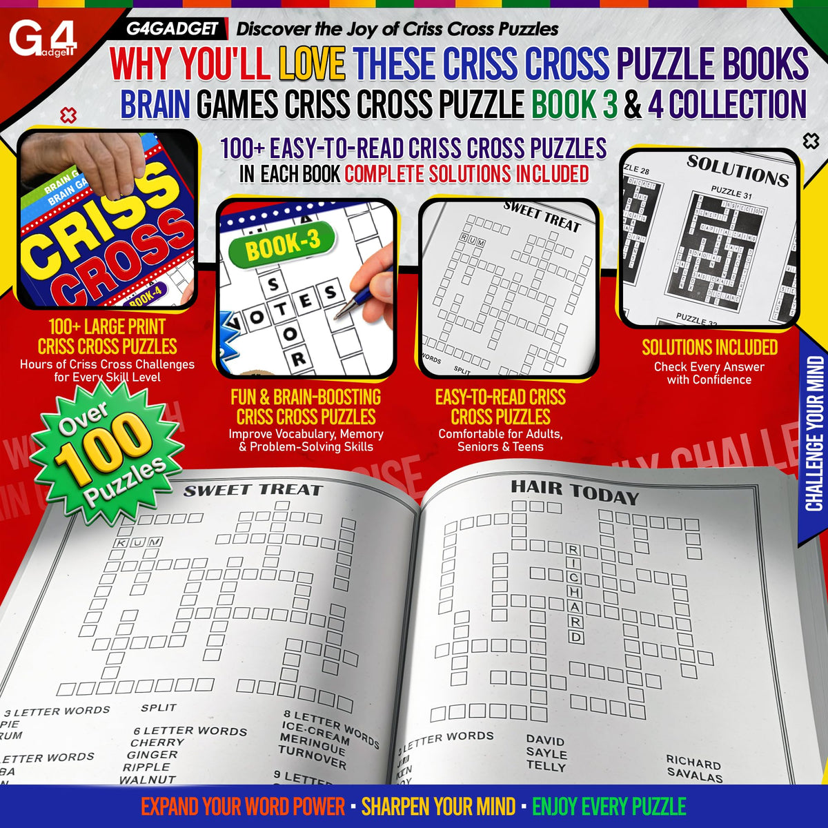 G4GADGET Criss Cross Puzzle Books for Adults - 2 Pack (Book 3 & 4) | 400+ Puzzles | Recycled Paper
