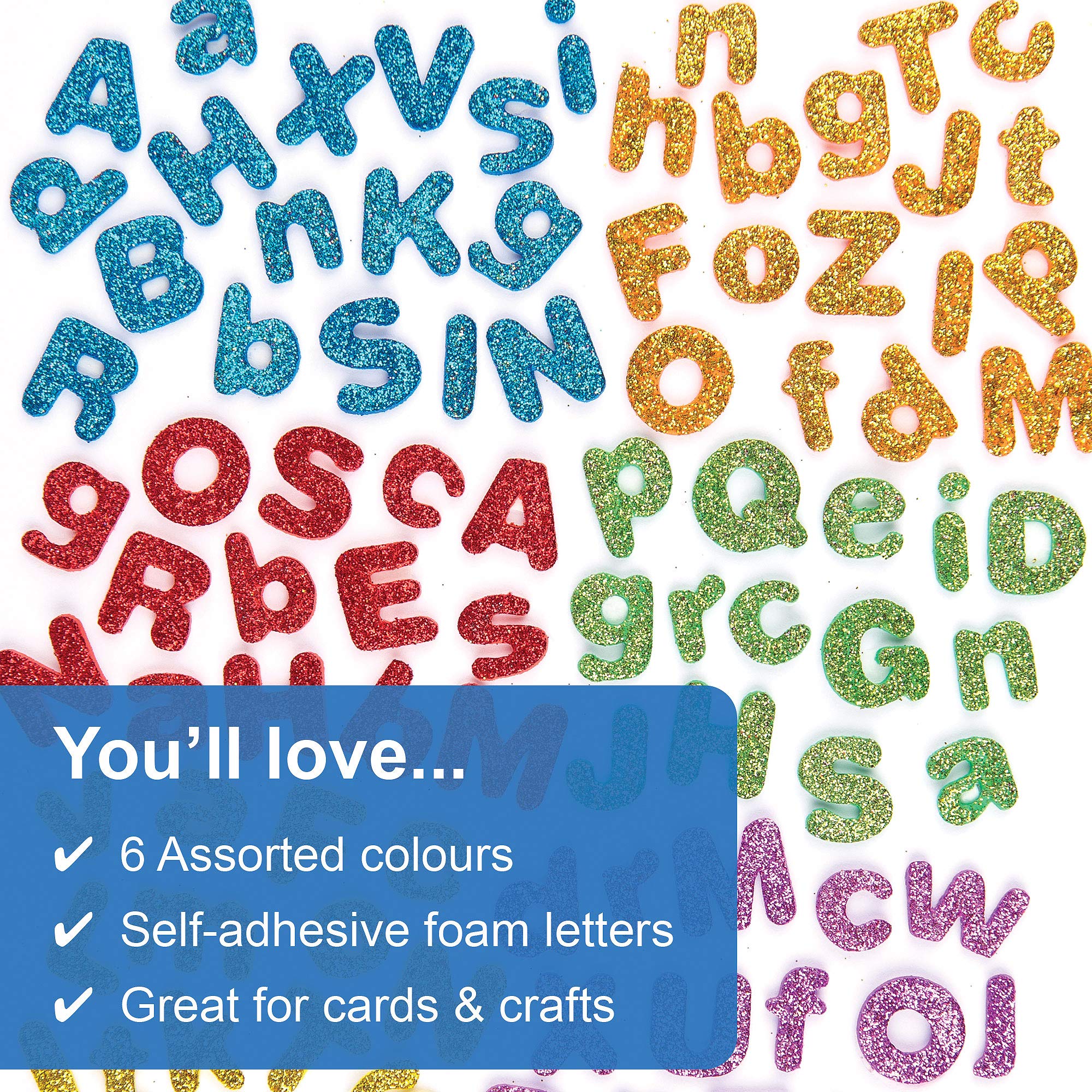 Baker Ross EX594 Glitter Letter Puffy Stickers - 850 Pack Self Adhesive Foam Shapes | 1cm-1.5cm 3