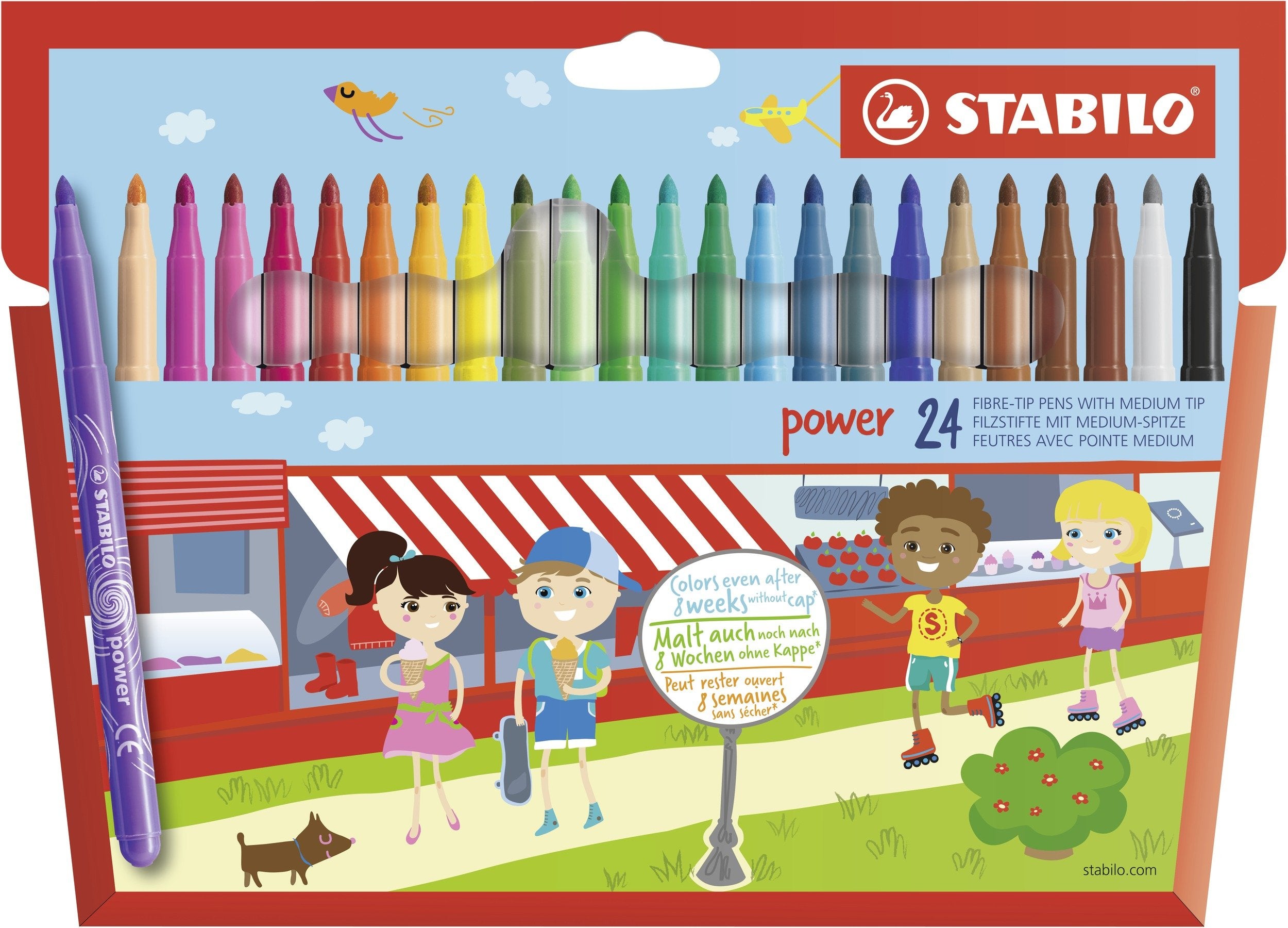 STABILO power Colouring Pens & Markers - 24 Assorted Colours | Washable Ink | 2mm Line