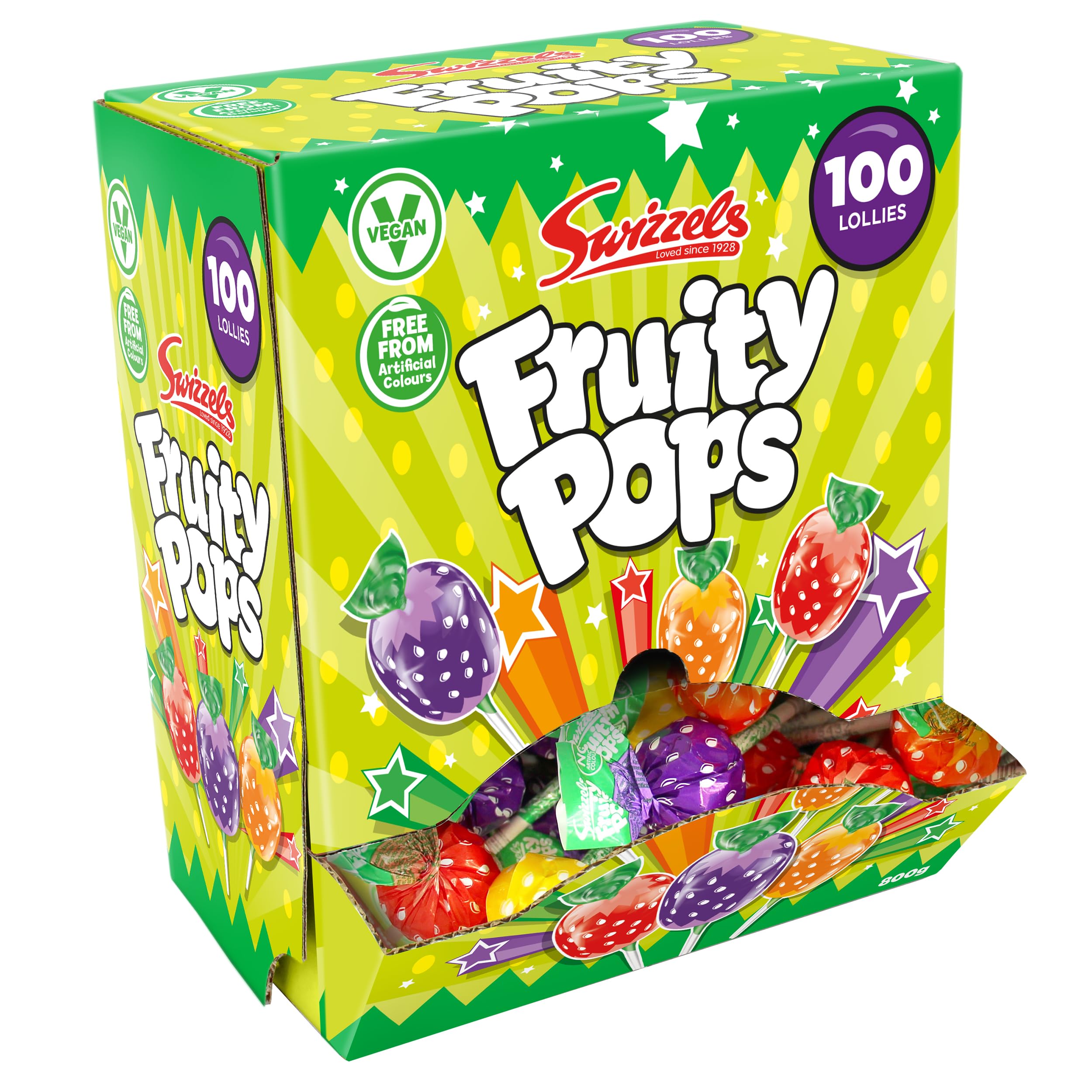Swizzels Fruity Pops Dispenser Box - 100 Vegan-Friendly Lollipops with Strawberry, Orange, Lemon & Blackcurrant Flavours 1