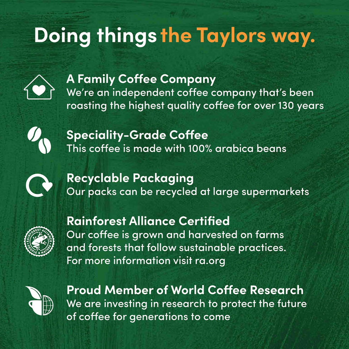 Taylors of Harrogate Lazy Sunday Coffee Beans - 100% Arabica Whole Bean Blend, 200g (Pack of 6)