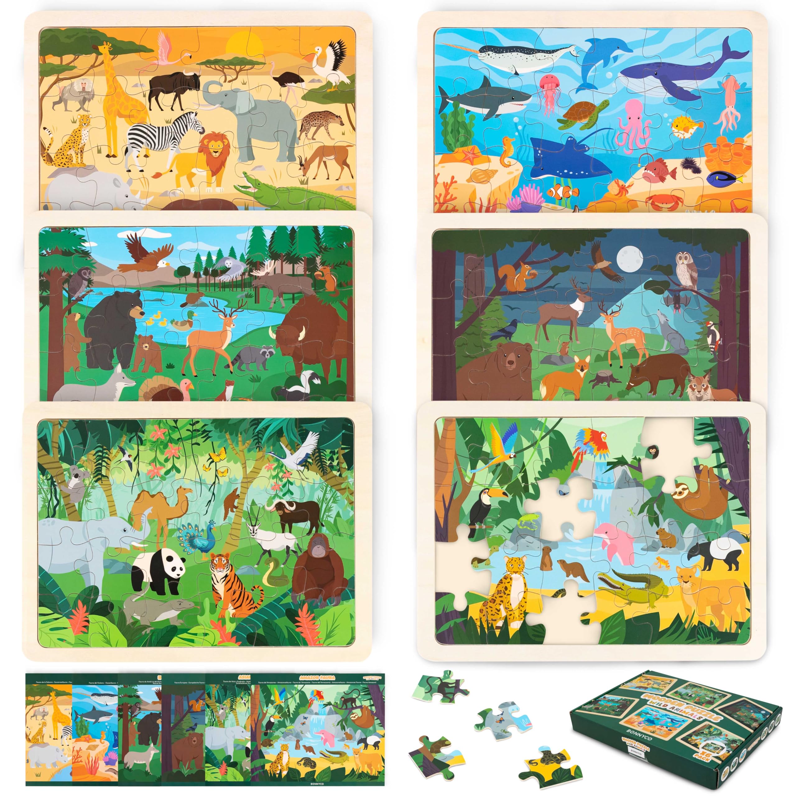 BONNYCO 6 Set Wooden Puzzles - 24 Pieces Each, Animals from Around the World | Educational Toy | Ages 2+ 1