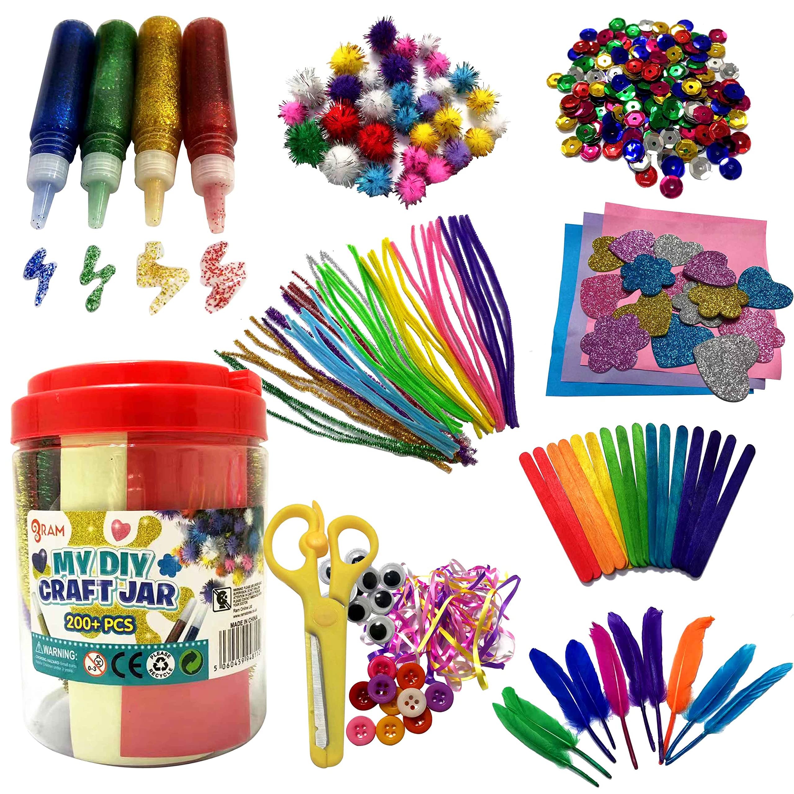 RAM ONLINE Giant 200 Piece Kids Craft Jar | DIY Art Set | Ages 3+ | Multi-Color