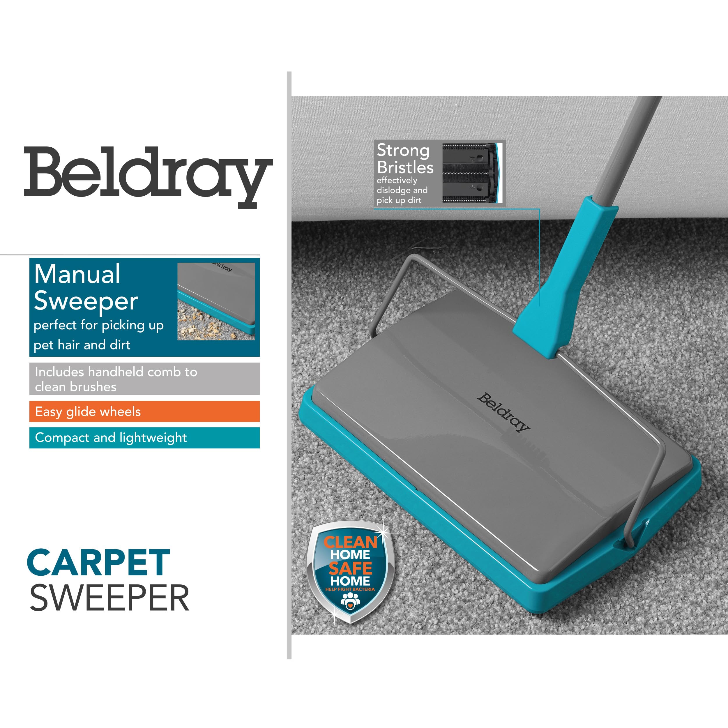 Beldray LA024855TQ Manual Carpet Sweeper - Cordless, Lightweight, Turquoise | Removes Pet Hair 3
