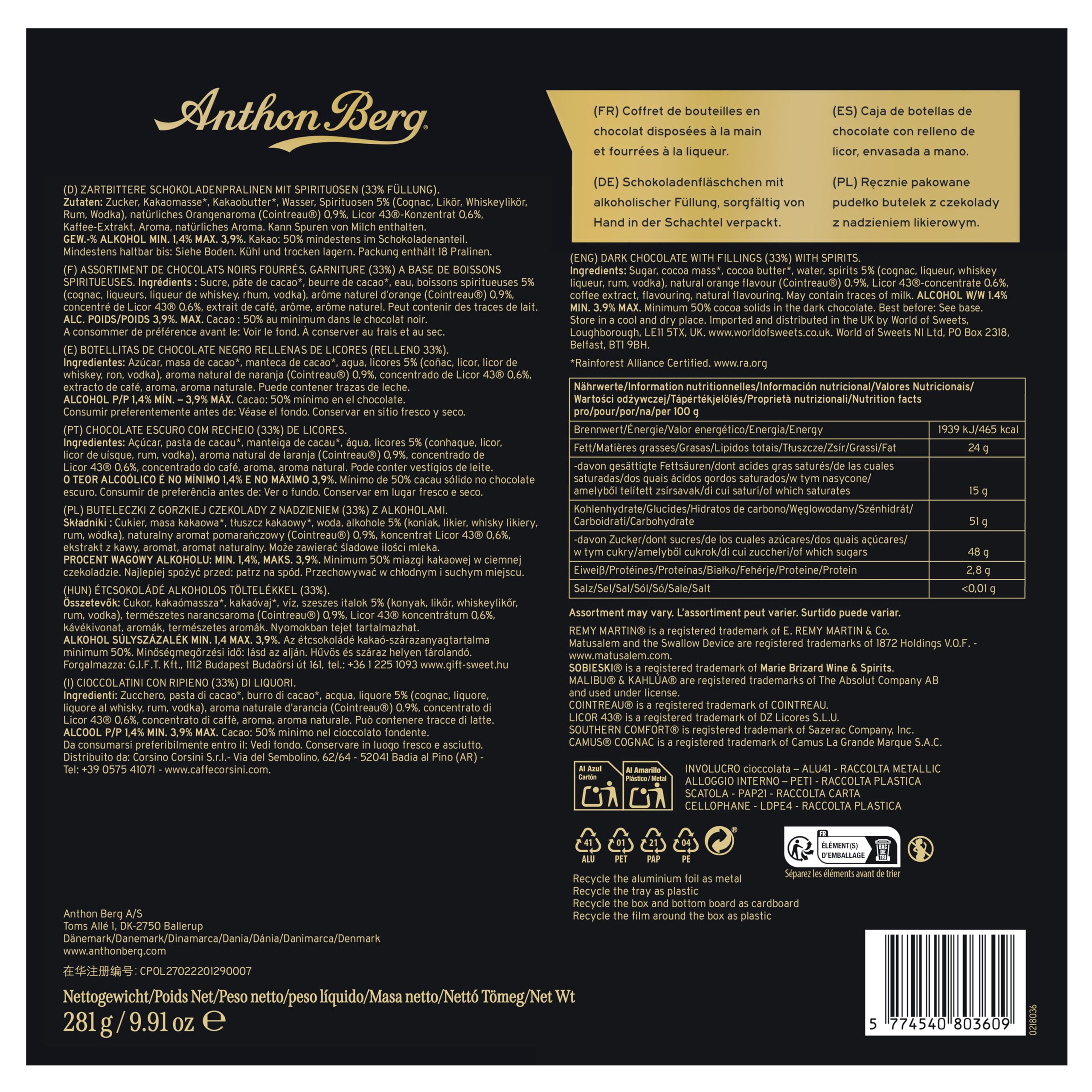 Anthon Berg Chocolate Liqueurs - 18 Pieces | Dark Chocolate with Spirits | 281g 2