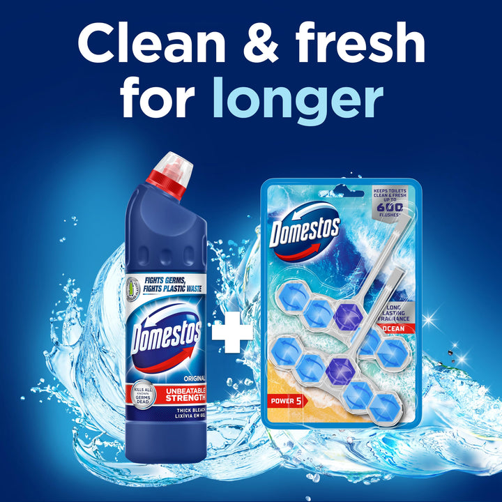 Domestos Power 5 Ocean Toilet Rim Blocks 2x 50 g - Long-Lasting Toilet Freshener with 5 Benefits