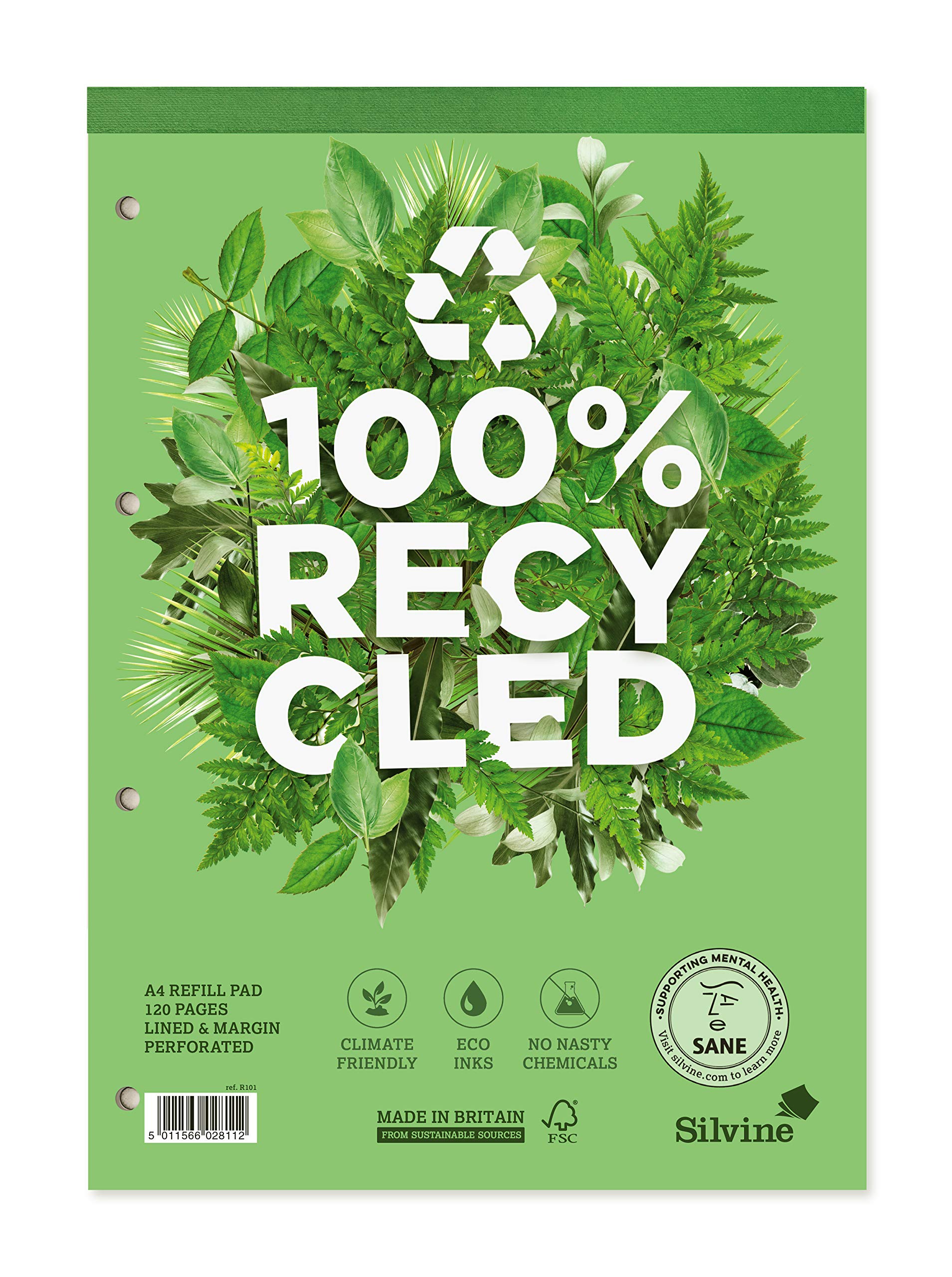 Silvine Premium Recycled Refill Pad - A4, 80gsm, Lined with Margin, 4 Hole Punched | Pack of 5 1