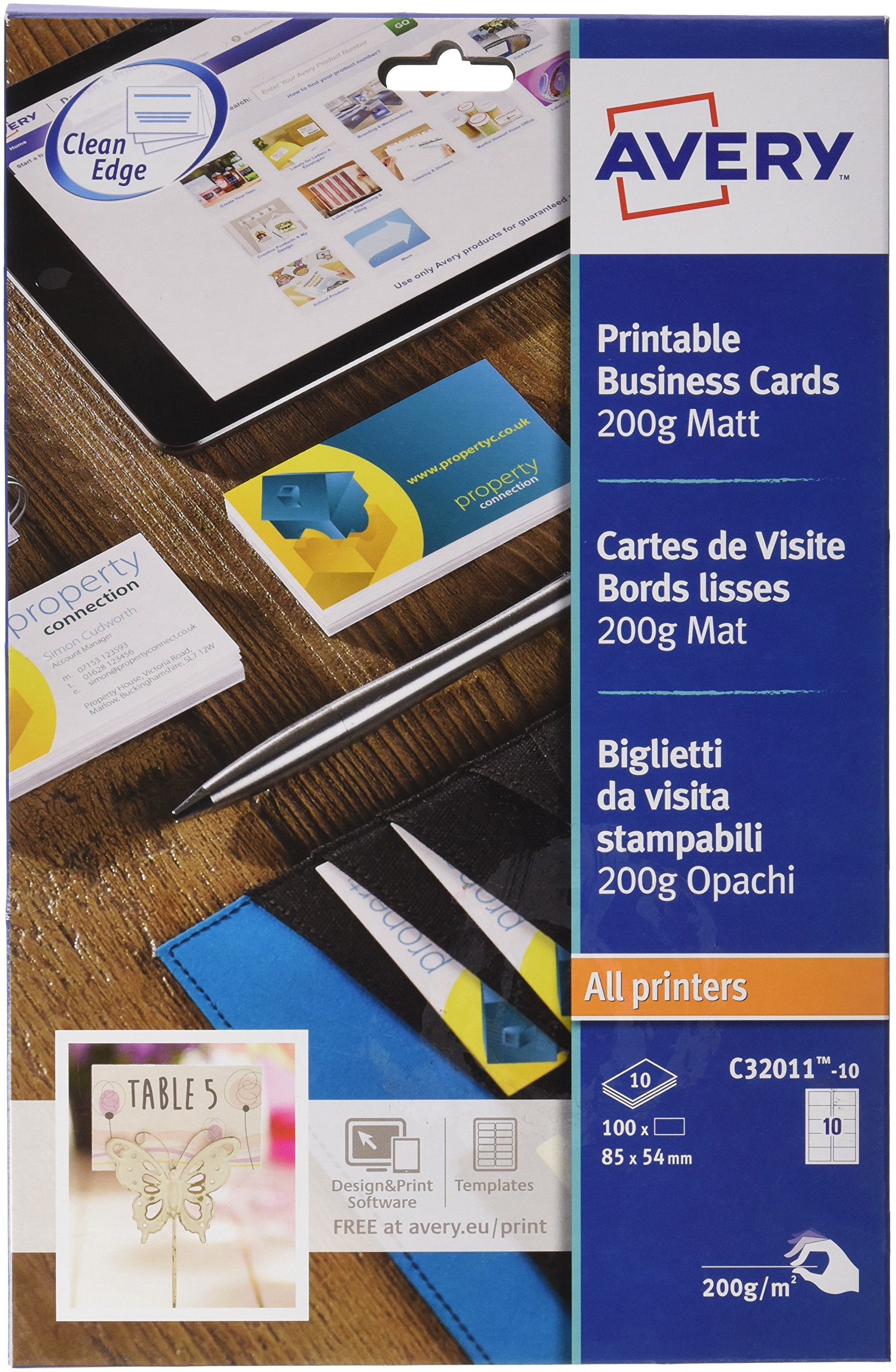 AVERY C32011-100 Printable Business Cards - 85 x 54 mm, White, 1000 Cards, Laser/Inkjet Compatible 1
