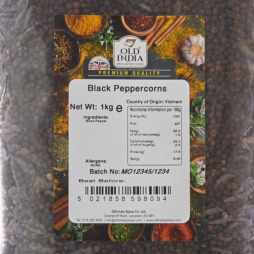 Old India Black Peppercorns 1kg - Premium Whole Black Pepper for Cooking