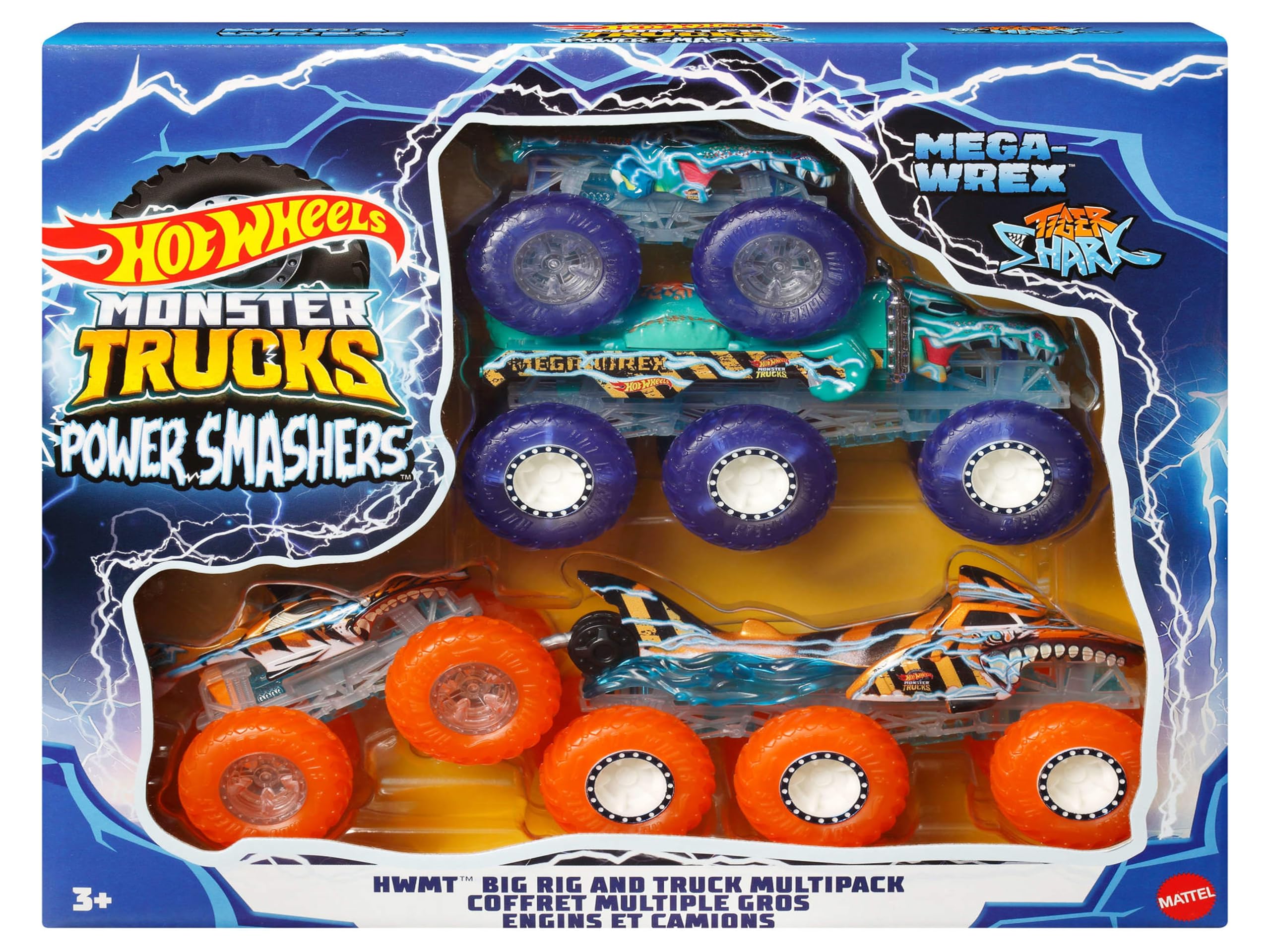Hot Wheels Monster Trucks Multipack - Mega-Wrex & Tiger Shark 1:64 Scale Trucks with Big Rigs (HYJ29) 7