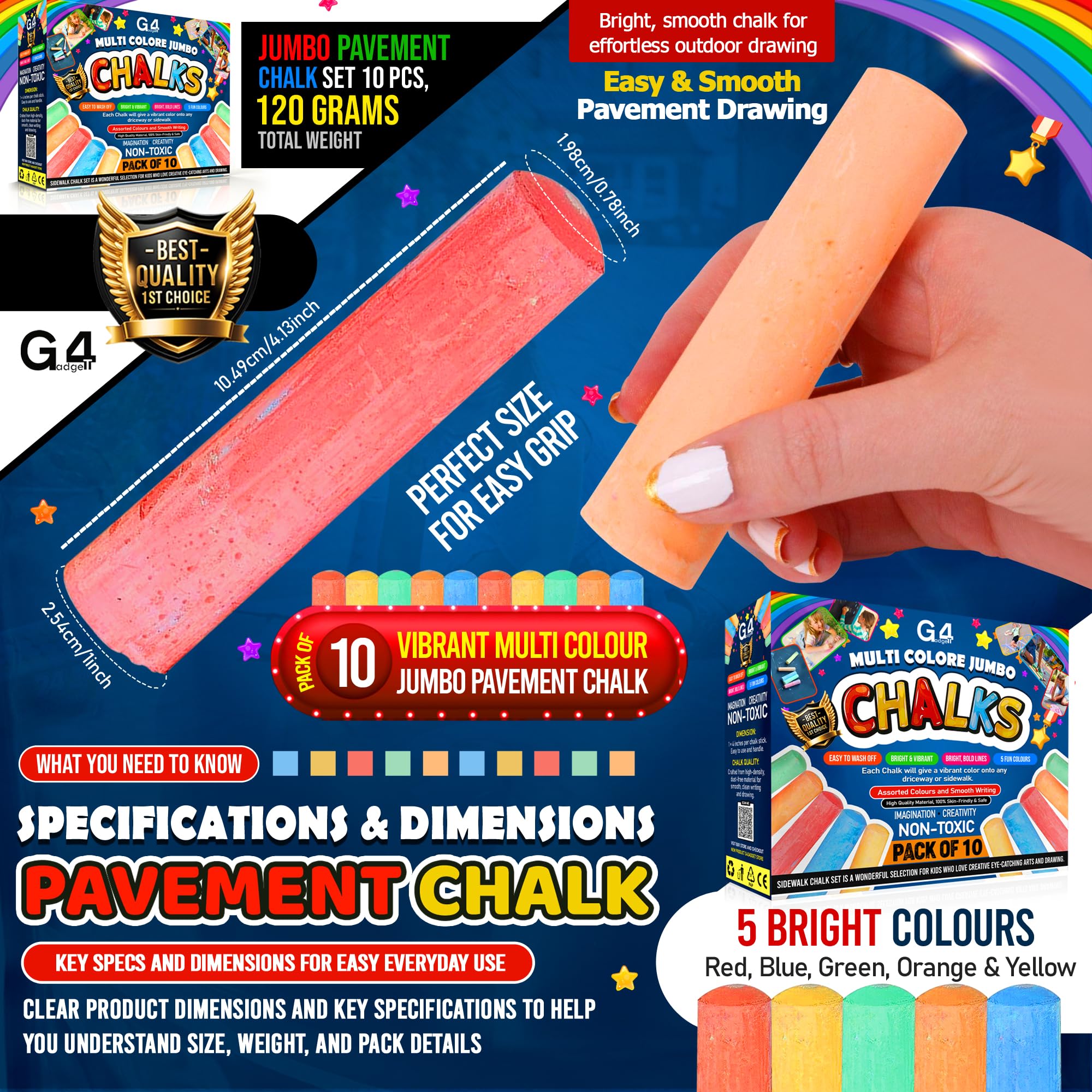 G4GADGET 20 Jumbo Chalks for Kids – Giant Chunky Outdoor Pavement Chalk | Age 3+ 6